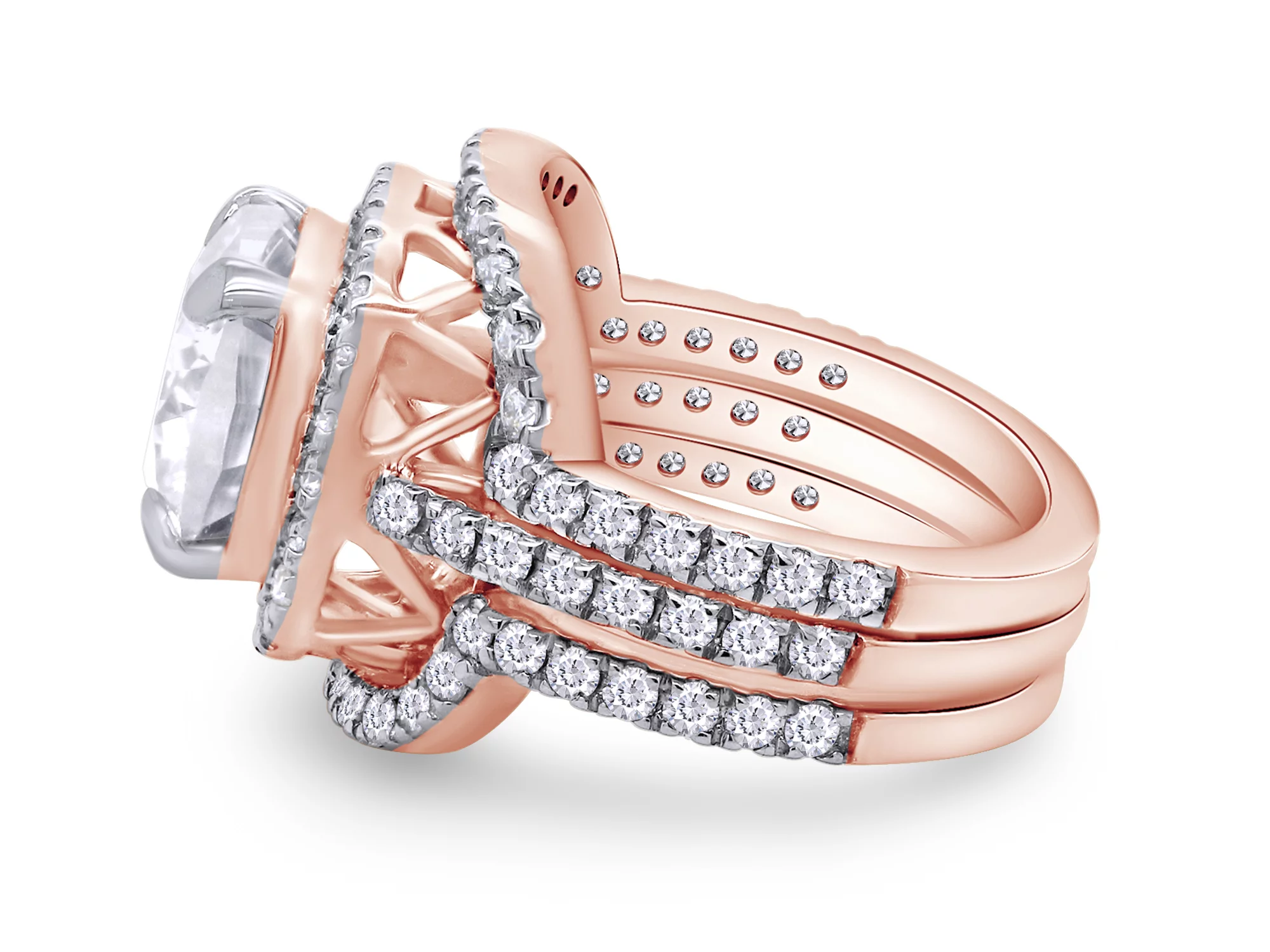 3 1/2 Ct Cushion & Round Cut Lab Created Moissanite Diamond Engagement Ring & Double Wedding Band Halo Bridal Set, Wedding Rings Bands in 14k Rose Gold 3.50 Cttw, G-H/VVS1 Gift Jewelry-6