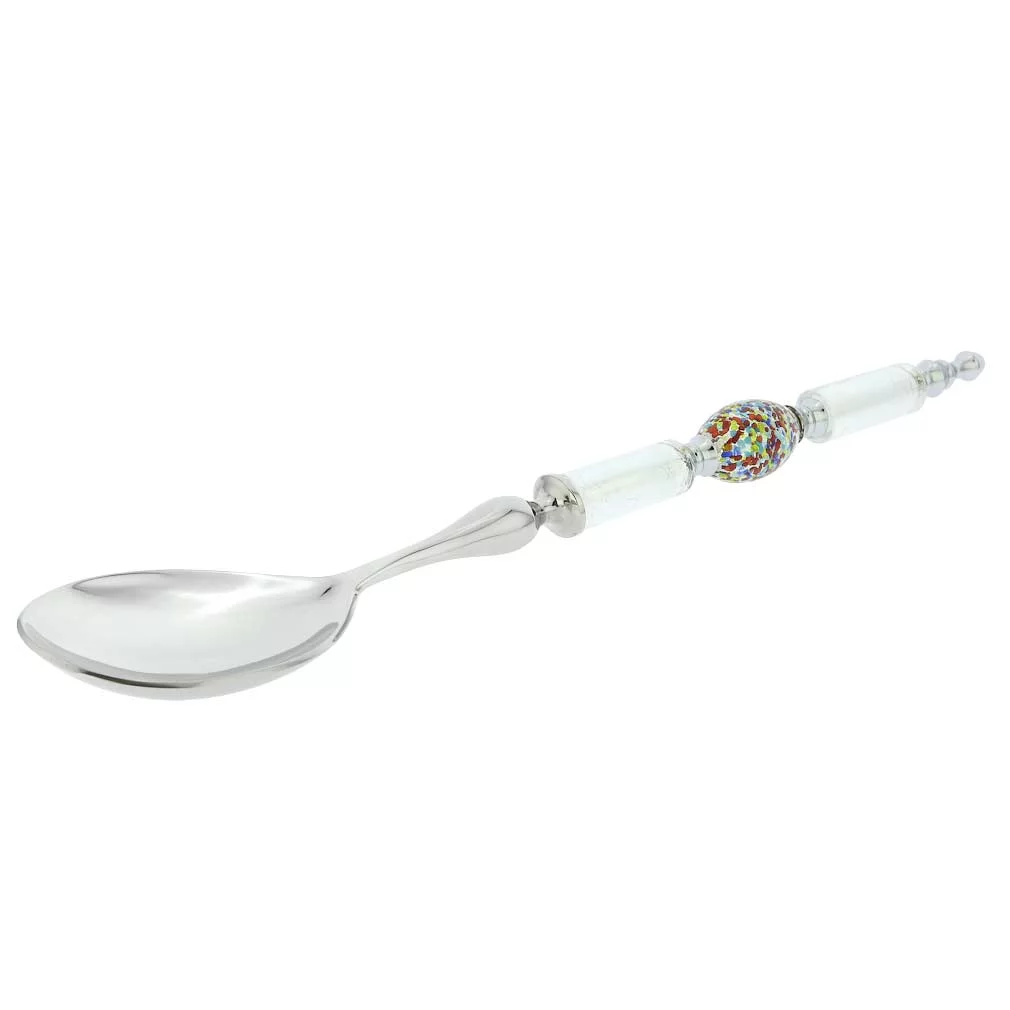 GlassOfVenice Italian Murano Glass Salad Spoon - Silver White Confetti