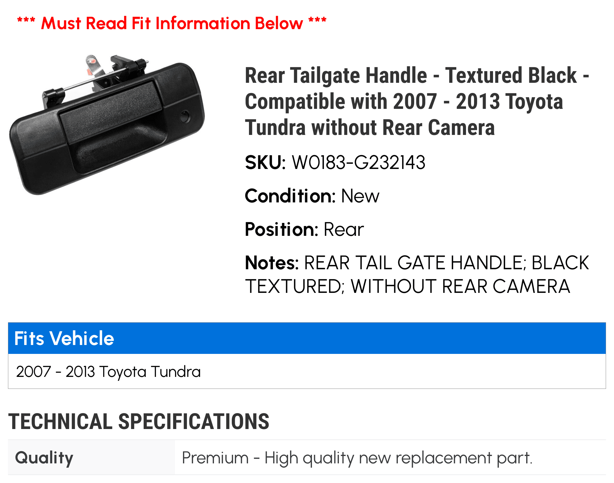Rear Tailgate Handle - Textured Black - Compatible with 2007 - 2013 Toyota Tundra without Rear Camera 2008 2009 2010 2011 2012