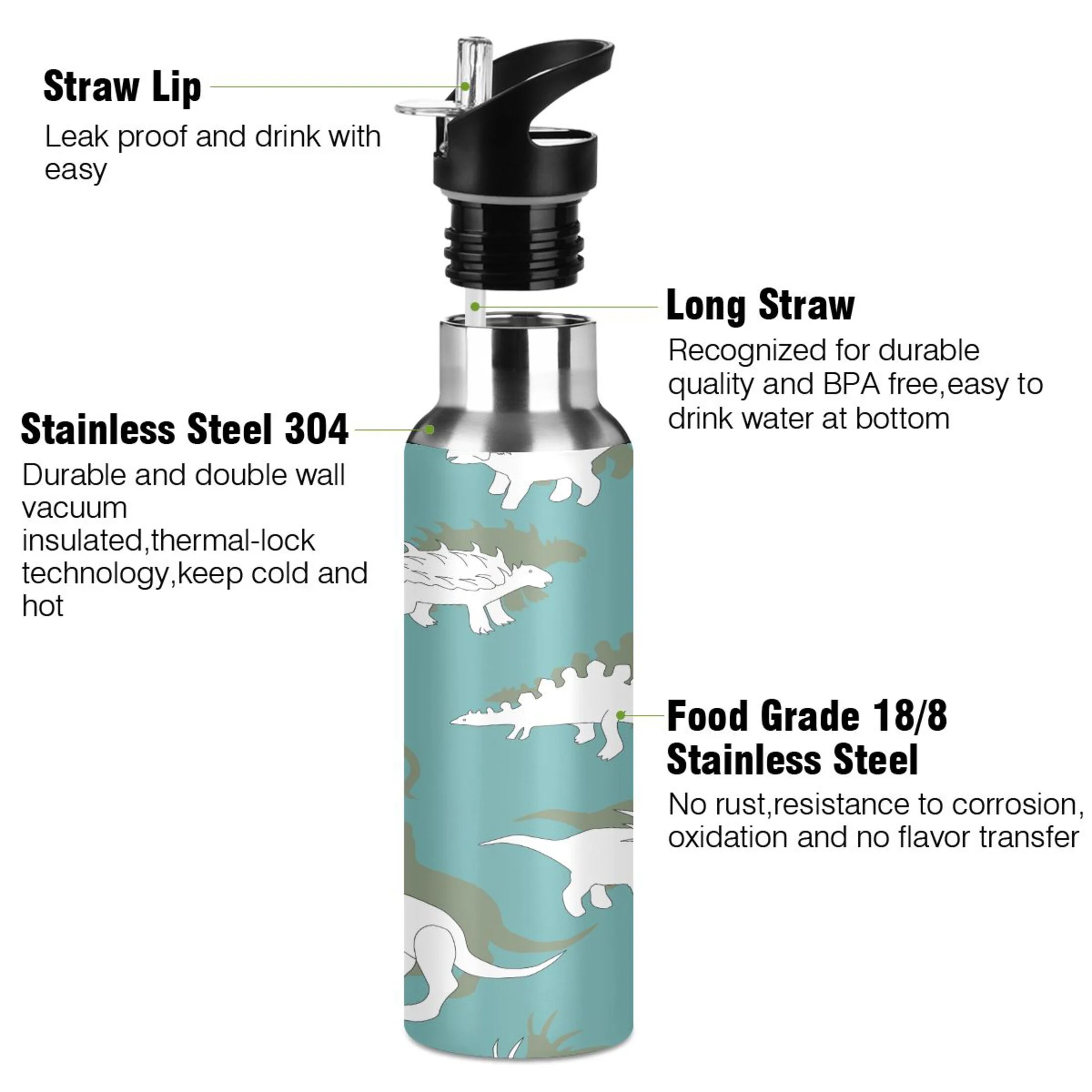 Stainless Steel Water Bottle White Dinosaurs with Straw Lid Vacuum Insulated Keeps Hot and Cold Leak Proof Flask Jug for Gym Travel Sports Cycling Outdoor 20 OZ