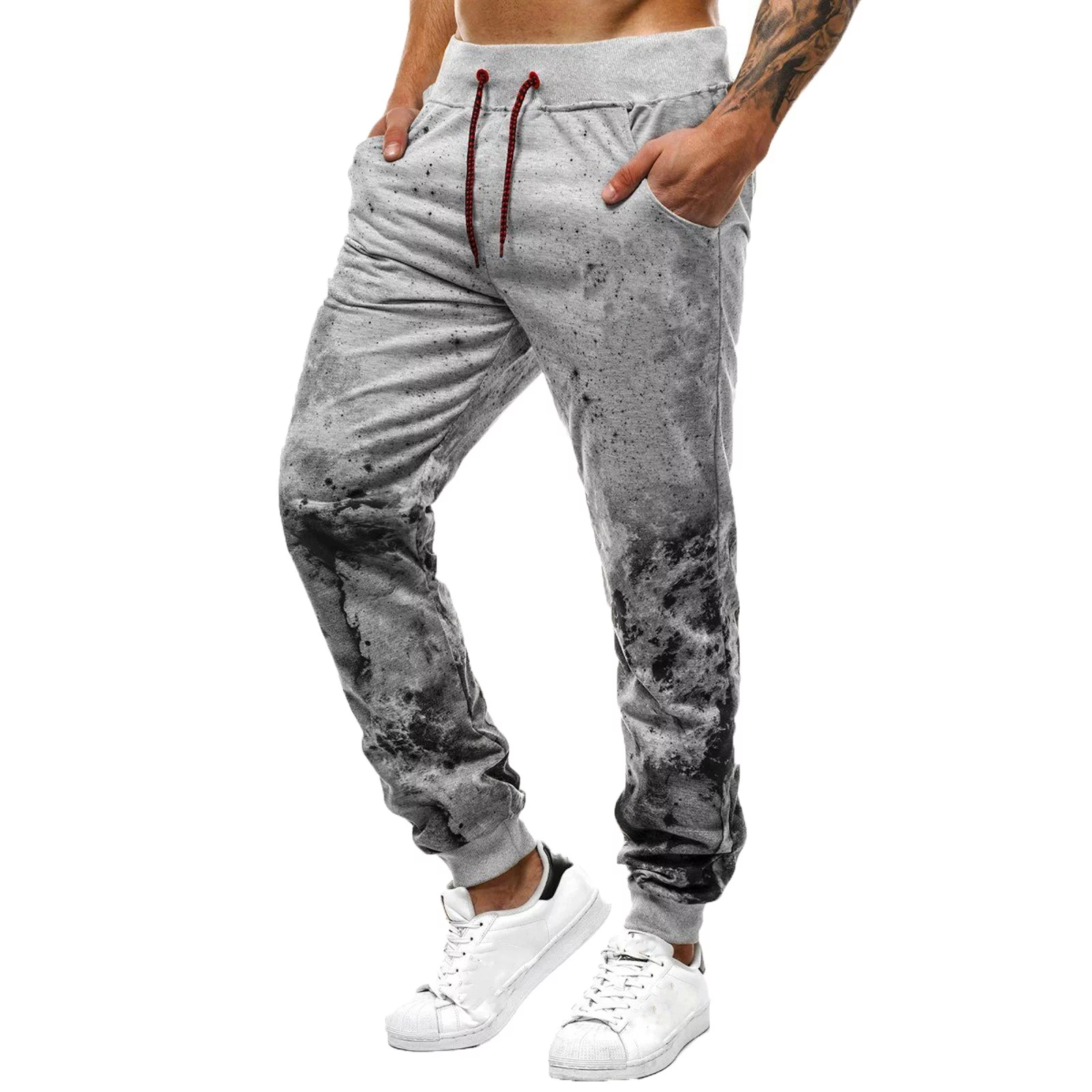 Men Harem Pants Hop Trend Fashion Breathable Colorful Print Sports Tie Feet Lace Up Trousers With Pockets Cargo Pants Grey Xl