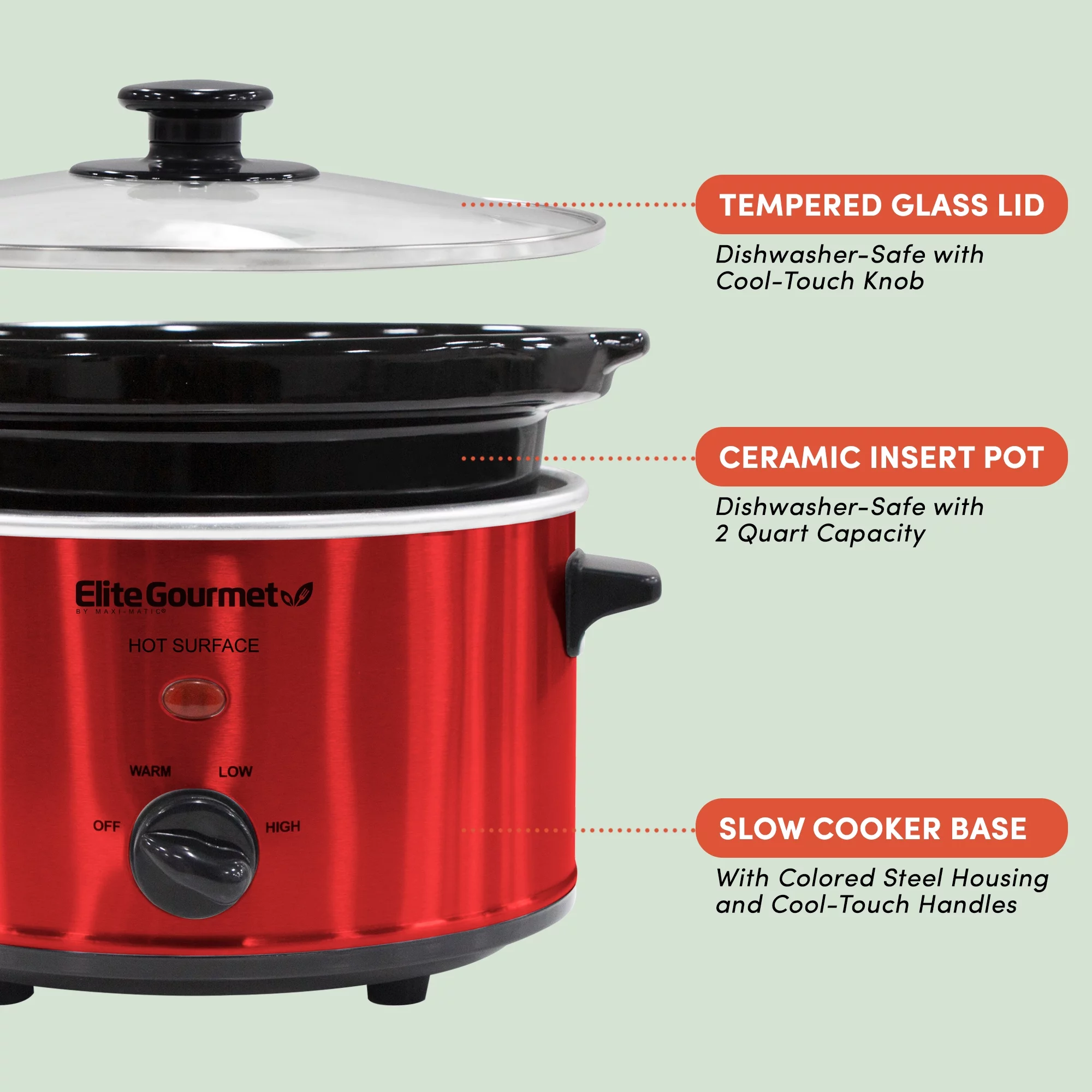 Elite Gourmet 2 Qt Oval Slow Cooker Red