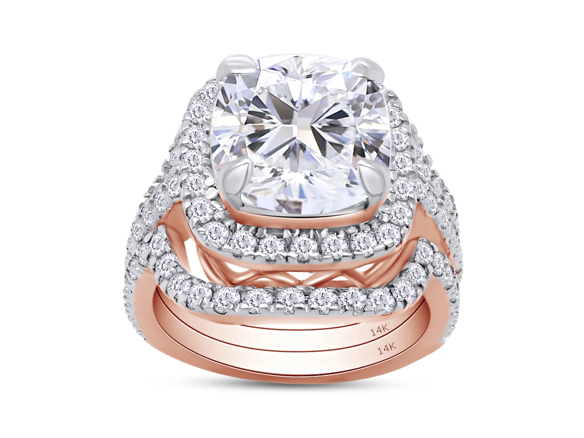 3 1/2 Ct Cushion & Round Cut Lab Created Moissanite Diamond Engagement Ring & Double Wedding Band Halo Bridal Set, Wedding Rings Bands in 14k Rose Gold 3.50 Cttw, G-H/VVS1 Gift Jewelry-6