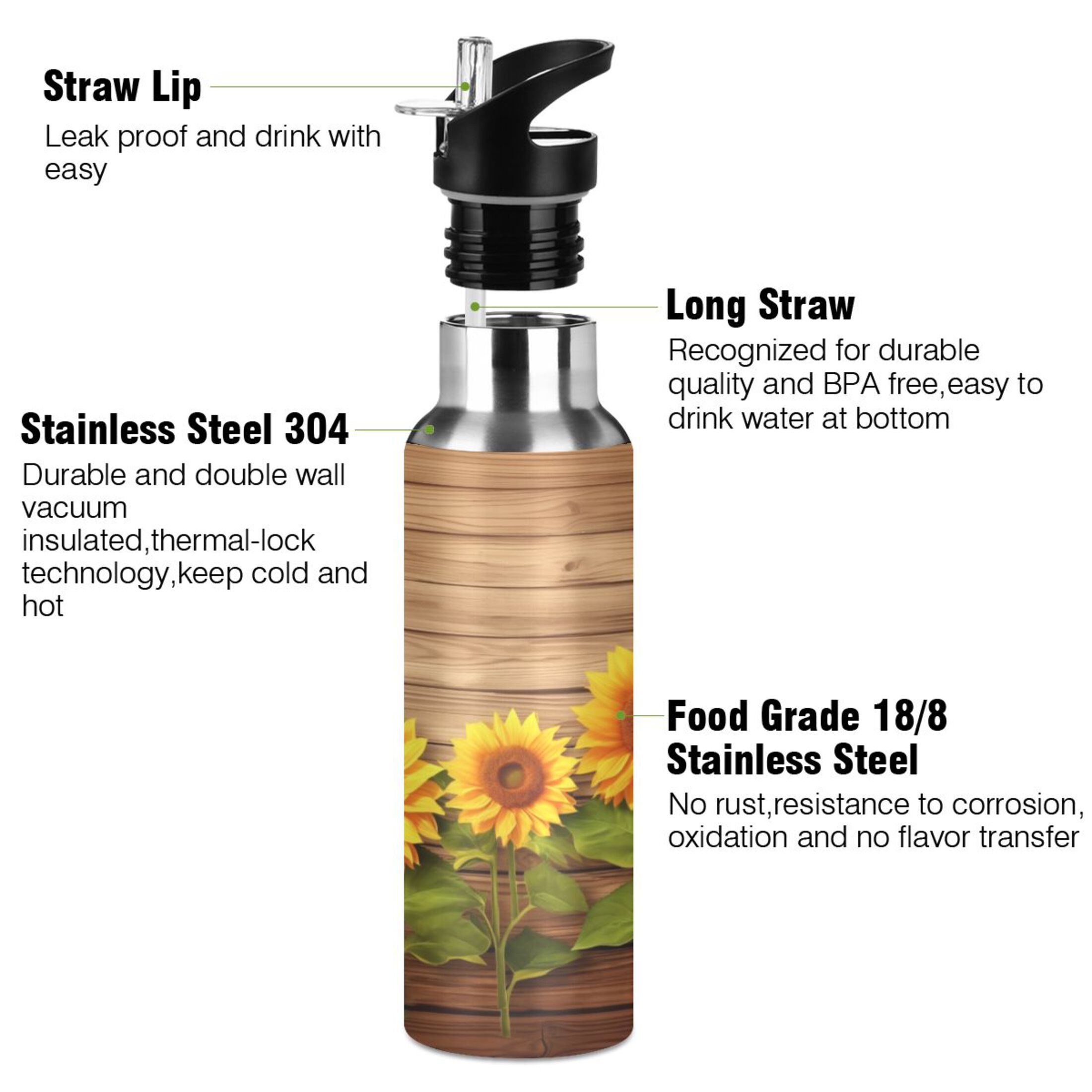 Sunflowers Water Bottles Insulated Thermos Kids Stainless Steel Bottle with Straw Lid Flask Leakproof for Sports Gym 20 oz