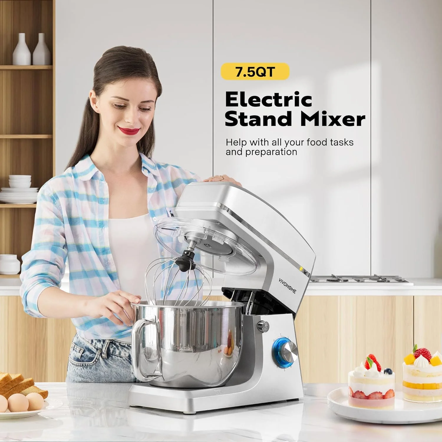 SPECSTAR 7.5 Quart Stand Mixer, 660W 6-Speed Tilt-Head Kitchen Electric Food Mixer with Beater, Dough Hook, Wire Whip, and Egg Separator, Silver