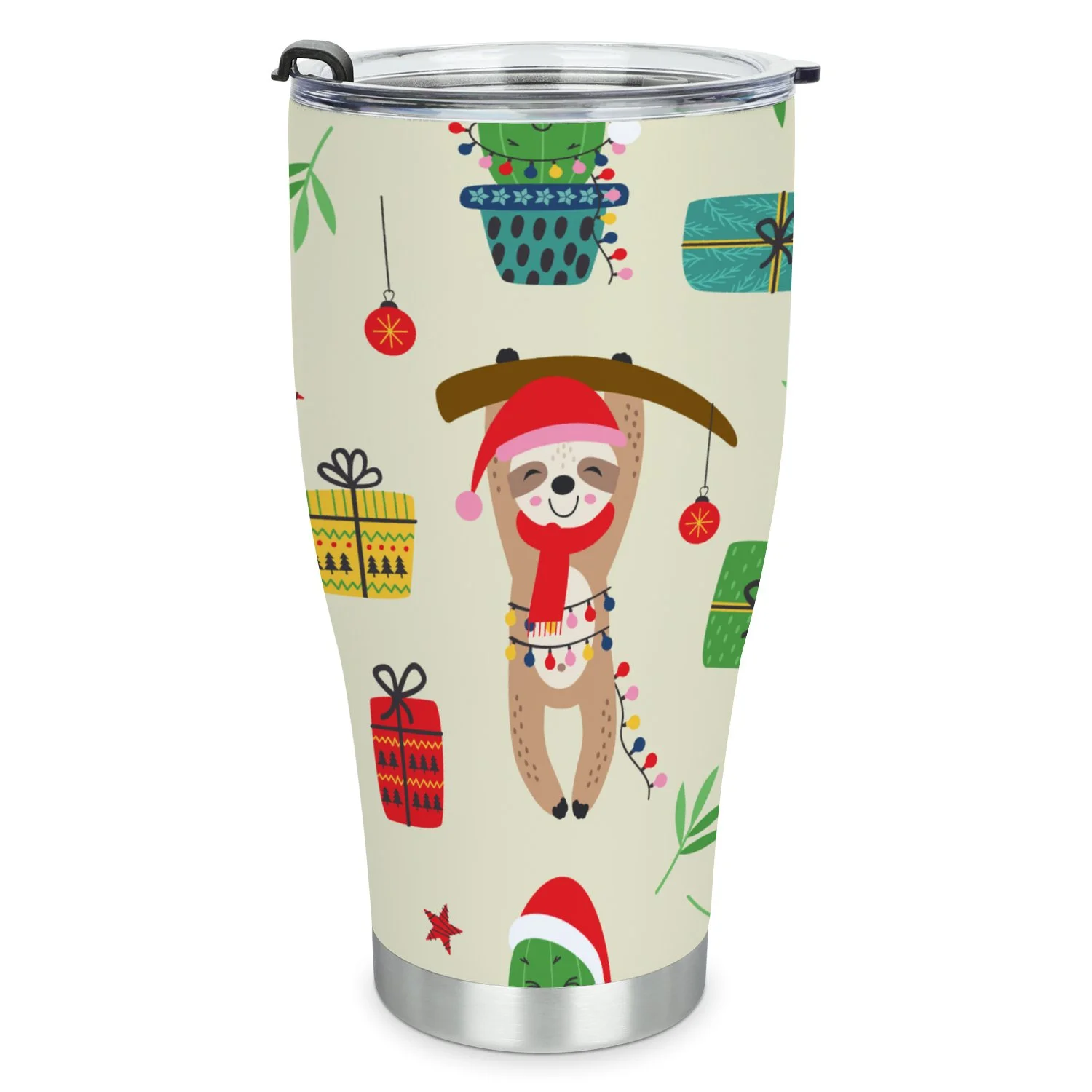 Hidove Stainless Steel Tumbler, Christmas Sloth and Cactus 30oz Leak Proof & Stainless Steel Bottle for Hot & Cold Drinks - Coffee Travel Mug, Water Metal Canteen, Thermal Cup