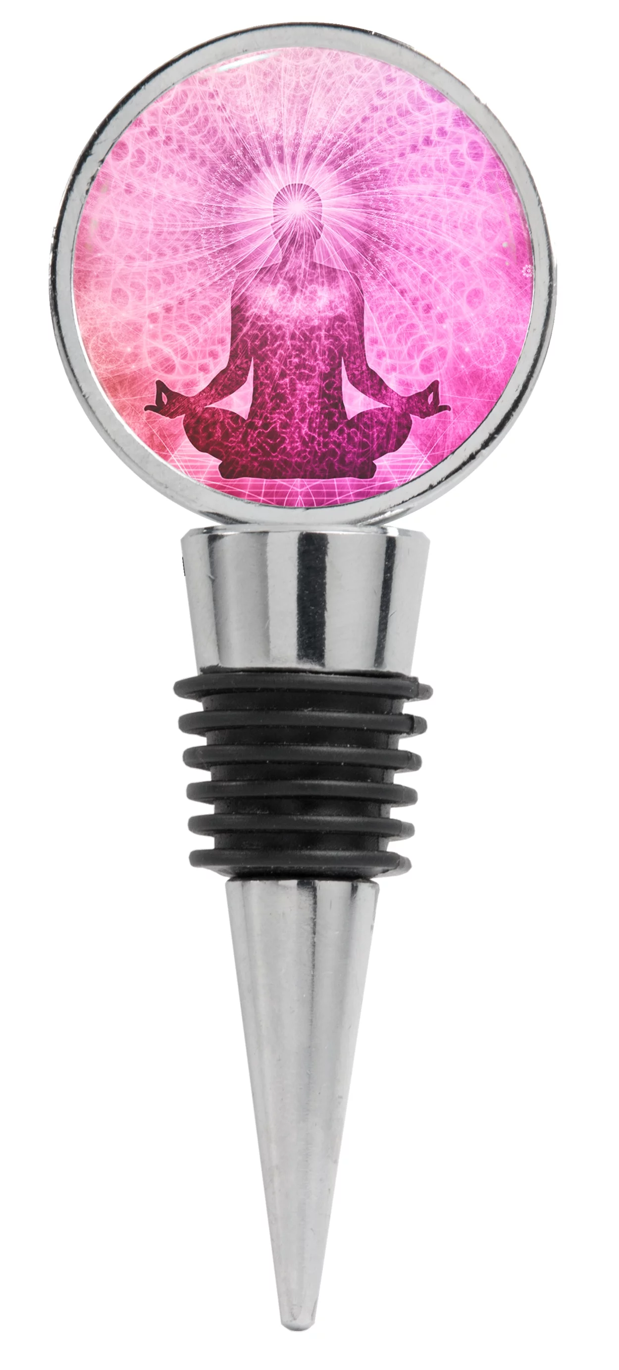 Artists Drawing Of A Person Meditating With Purple And Pink On A Pattern Background Wine Stopper