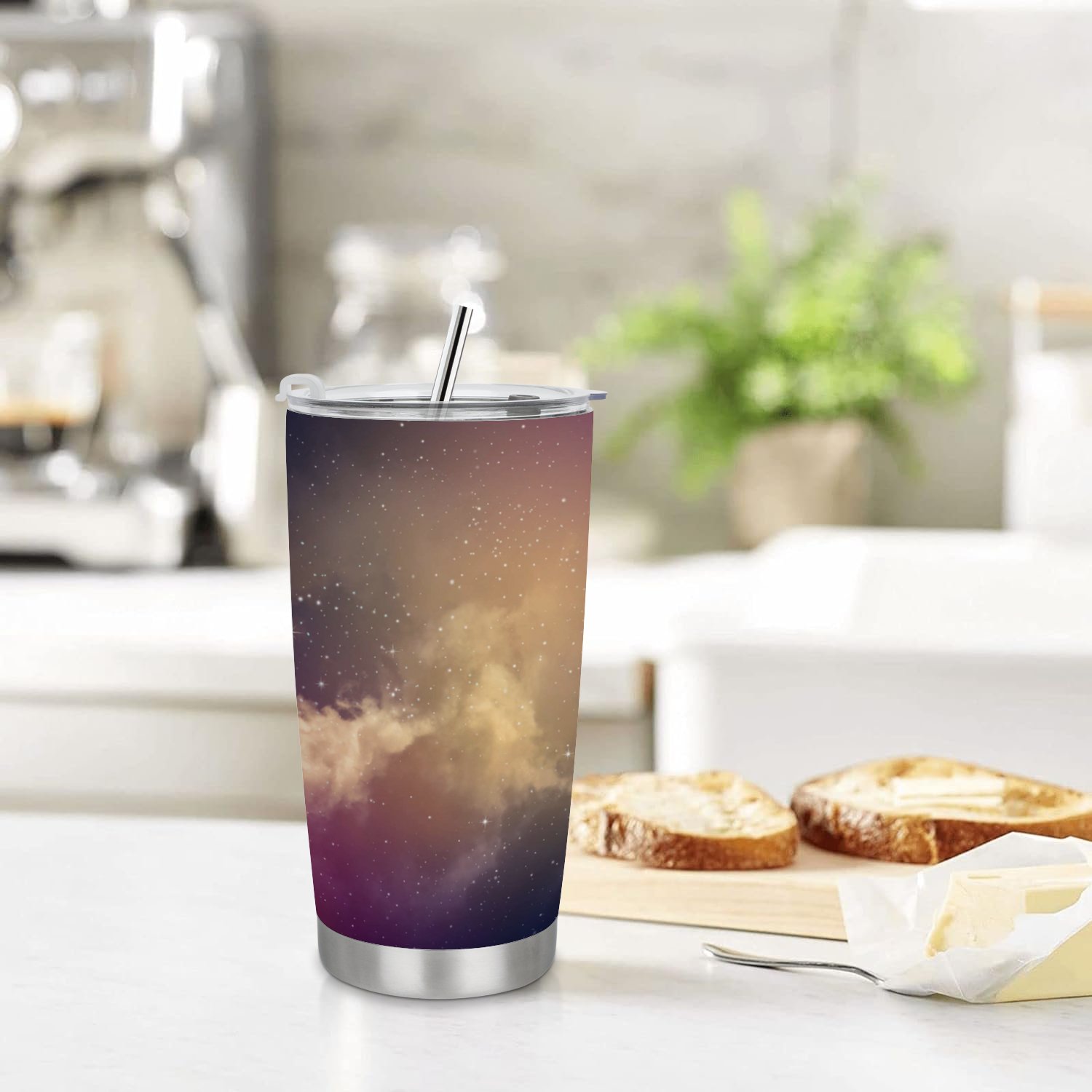 GZHJMY Car Cup Travel Mug, Space of Night Sky with Cloud and Stars 304 Stainless Steel Coffee Cup, Insulated Heated Thermos Mug with Lid, 6.5×3.6×2.8 Inch