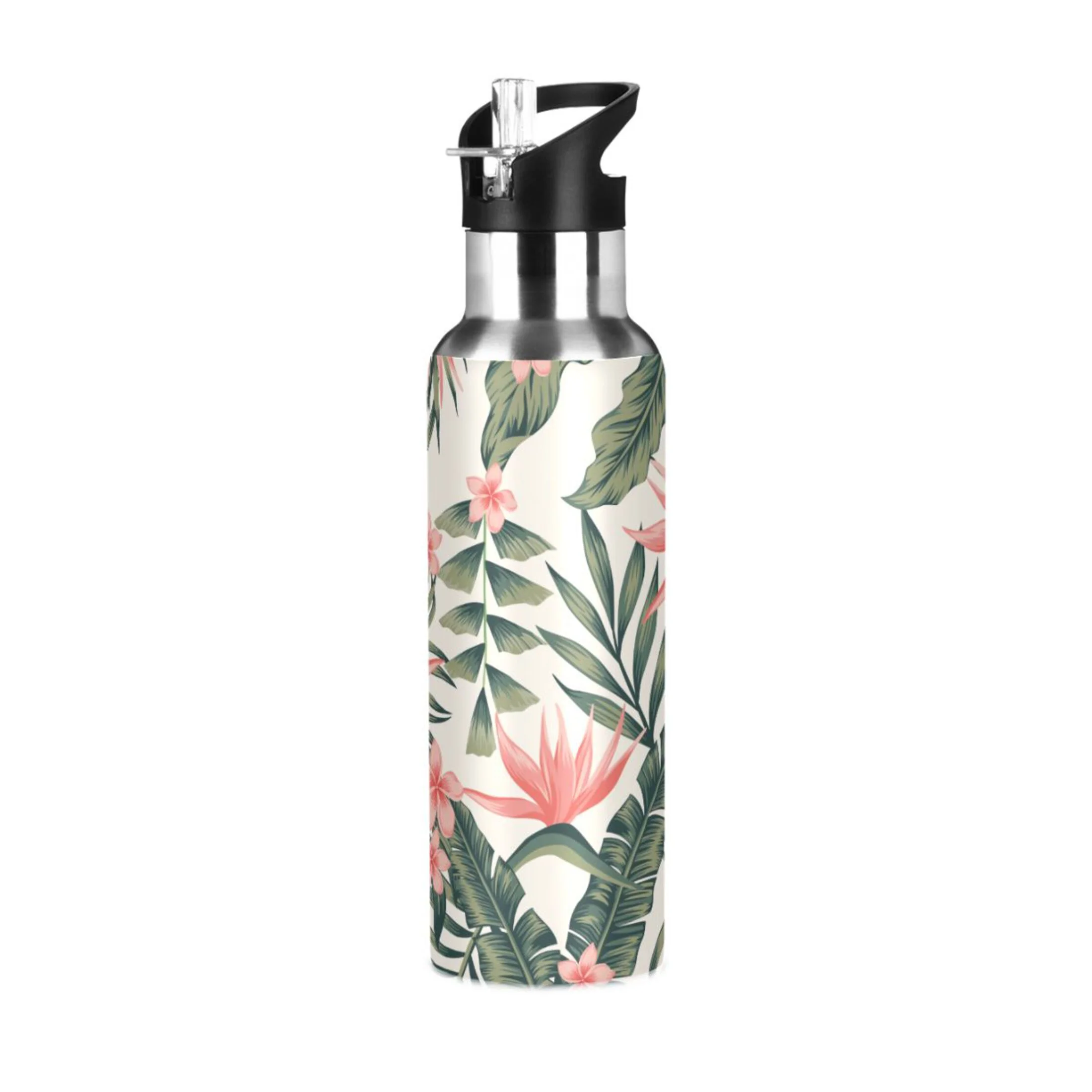 Tropical Palm Tree Flowers Water Bottles Insulated Thermos Kids Stainless Steel Bottle with Straw Lid Flask Leakproof for Sports Gym 20 oz