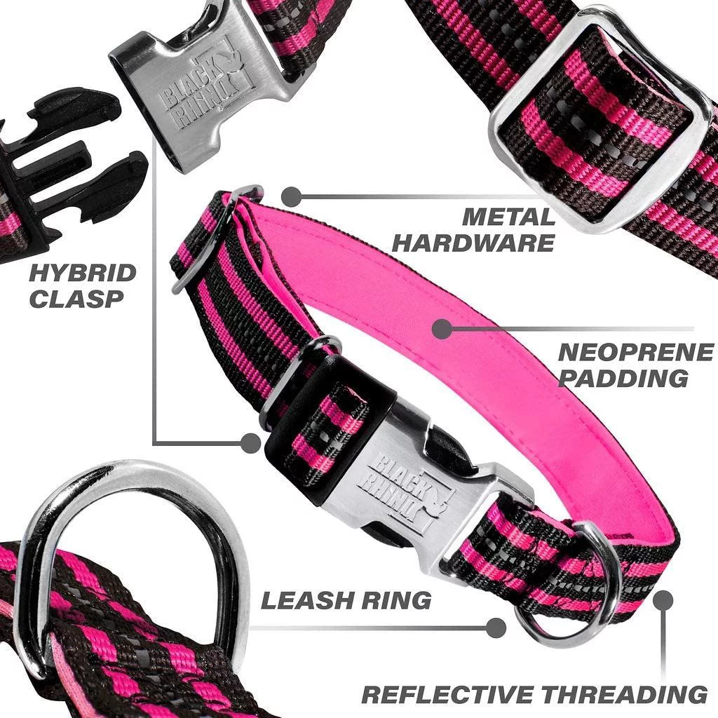 Black Rhino - Classic Striped Adjustable Dog Collar for Small Medium Large Breeds | 3m Reflective Threading | 4 Bright Colors - Matching Leashes Sold Separately (Pink Striped, Large)