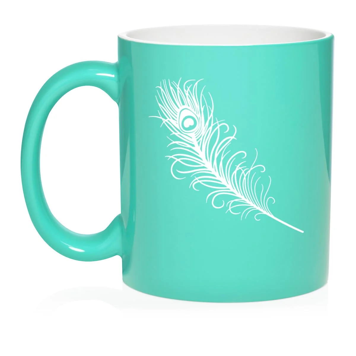 Peacock Feather Ceramic Coffee Mug Tea Cup Gift for Her, Him, Friend, Coworker, Wife, Husband (11oz Teal)