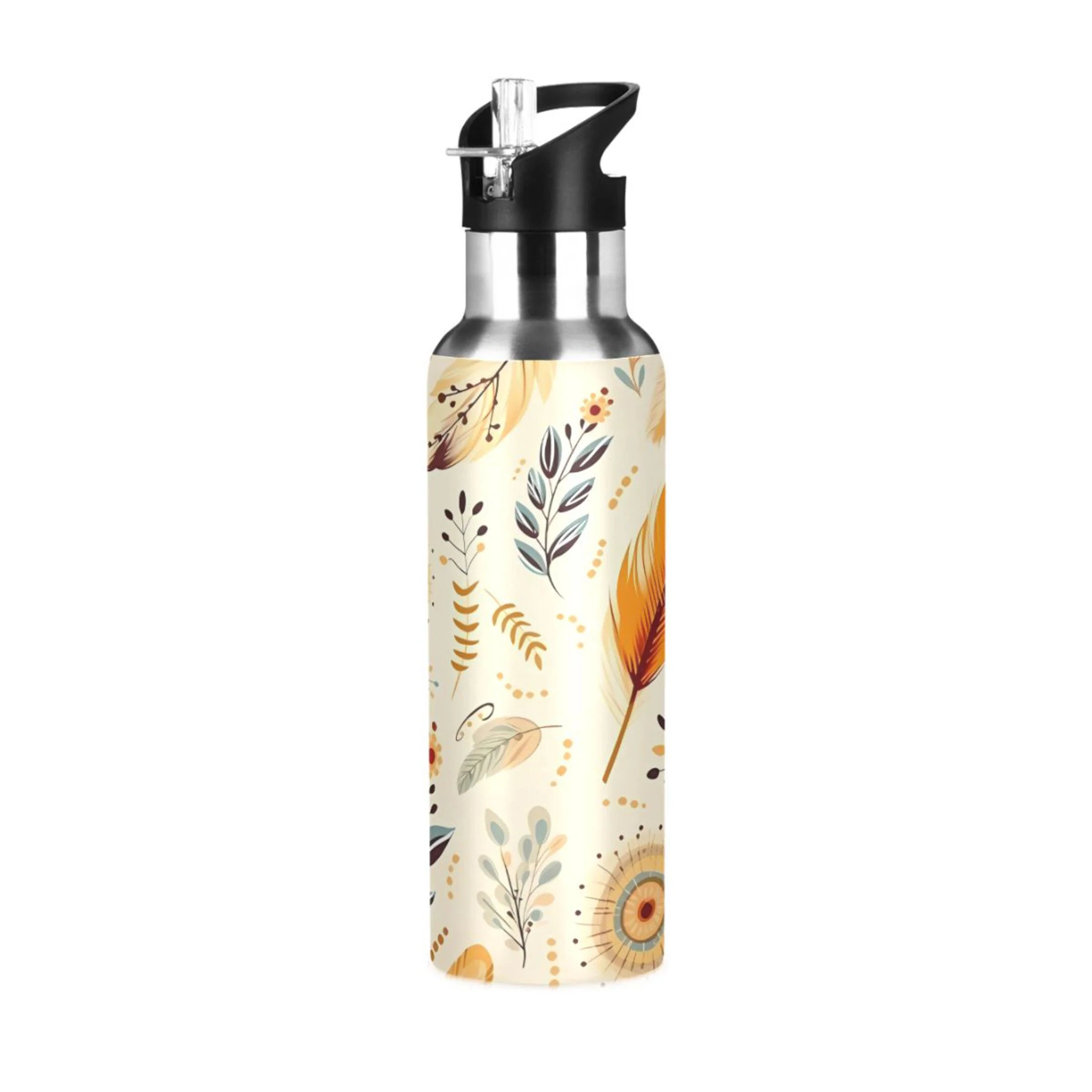 Water Bottle with Straw Lid Leak Feather with Leaves Stainless Steel Insulated Thermos Vacuum Flask for Cold Hot Drinking for Sports Camping Gym Yoga