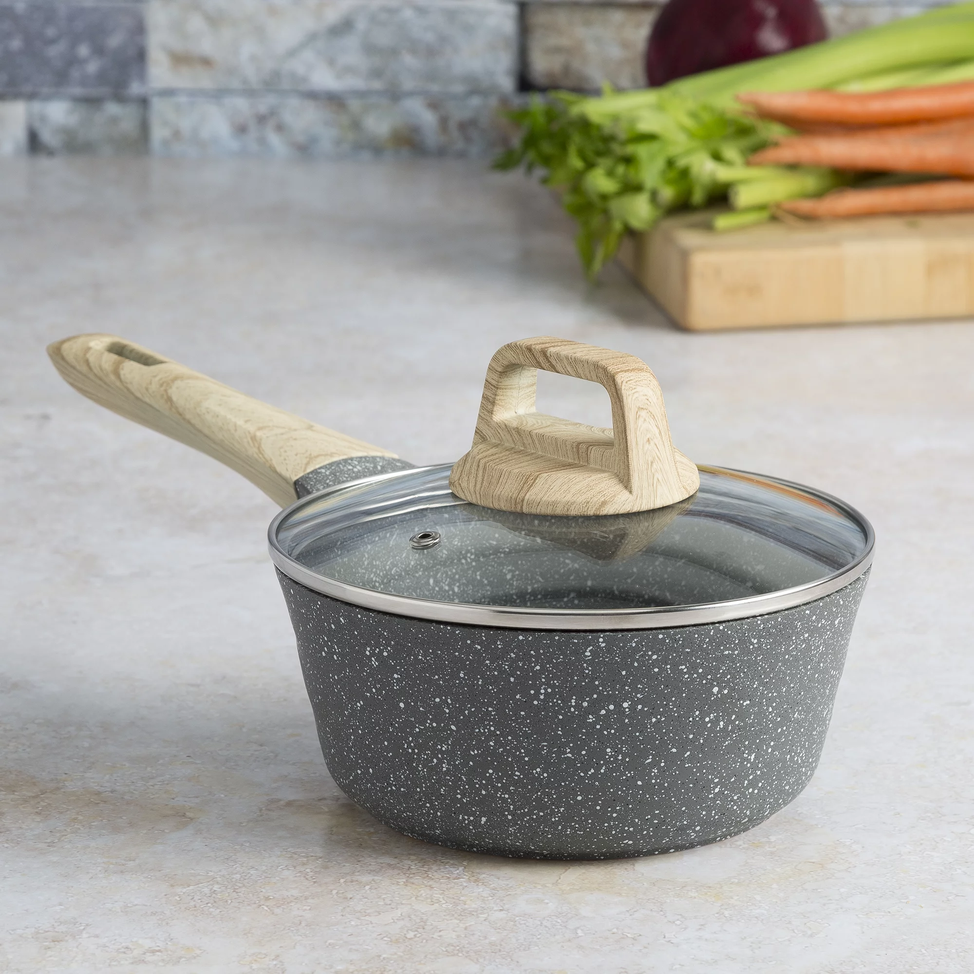 Ecolution Farmhouse Cast Aluminum Speckle Coated Saucepan with Ergonomic Wood Look Handle, Dishwasher Safe, Durable Non-Stick, 1.6 Quart