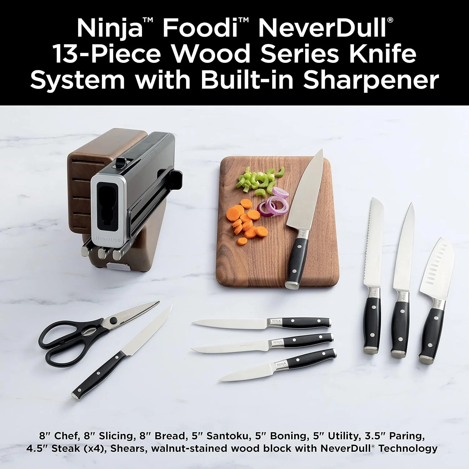 Open Box Ninja K52013 Foodi NeverDull Premium 13 Piece German Stainless Steel Wood Series Knife System with Built-in Sharpener, Walnut Stain/Black