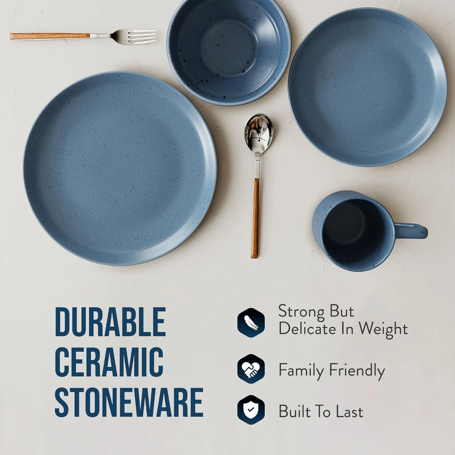 Reactive Stoneware Dinnerware Set | Coffee Mug, Bowl, Plate Set | Stoneware Dish Set | Microwave, Dishwasher Safe | Service For 2 | Speckled Blue 8-Piece Set