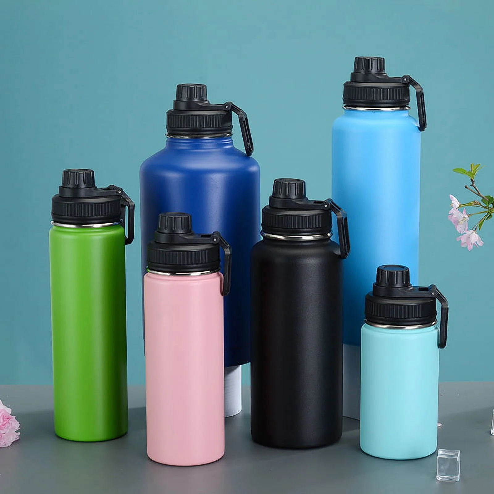 24 oz Sublimation Sports Water Bottle Stainless Steel Vacuum Thermos Black Water Bottle Double Wall Insulated Tumbler with handle and wide mouth lid Fitness Sports Travel DIY Gift