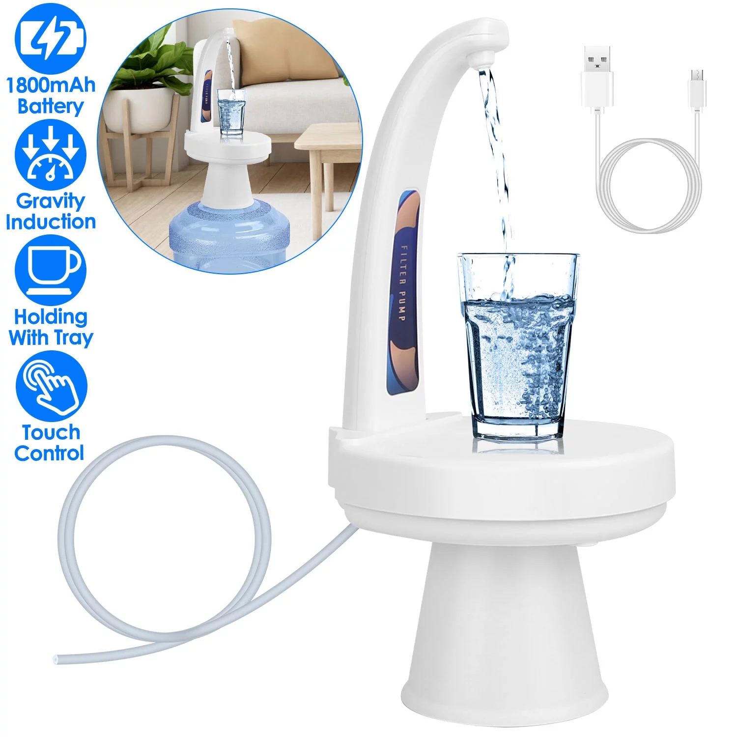 iMounTEK Table Top Electric Water Bottle Pump, USB Rechargeable Mini Water Jug Dispenser for 1-5 Gallon Water Jugs for Home Kitchen Office