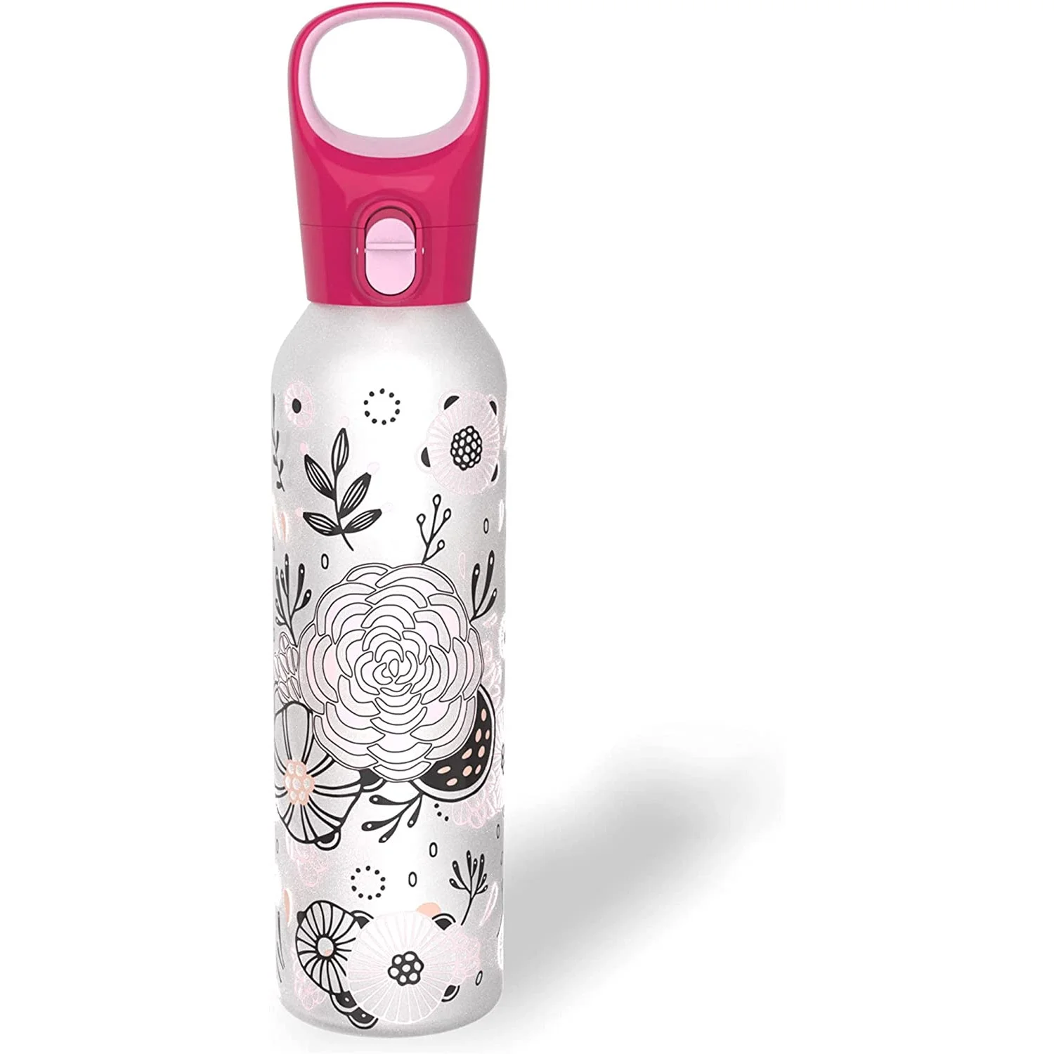 Pyrex Color Changing Glass Water Bottle with Silicone Coating, Floral Pink, 17.5 Ounces