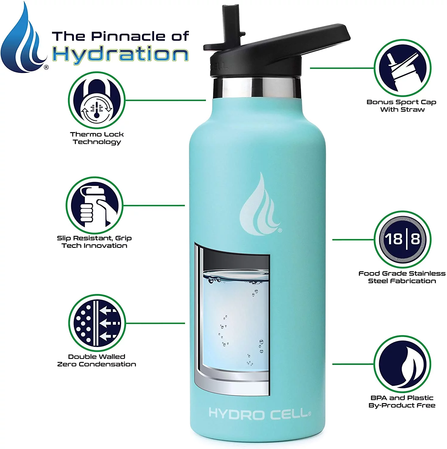 HYDRO CELL Stainless Steel Water Bottle w/Straw & Standard Mouth Lids