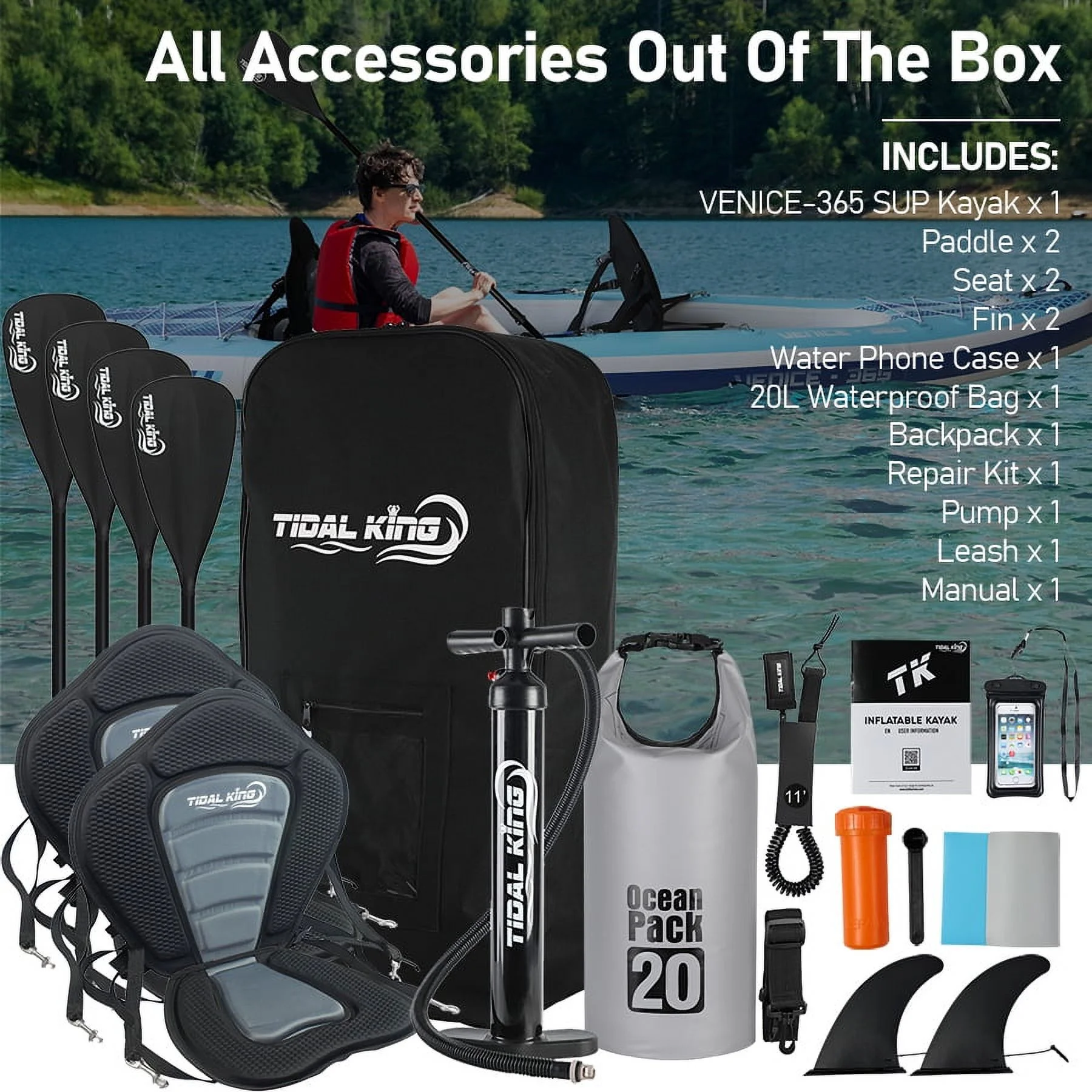 Tidal King Premium 2 Person Inflatable Kayak with 2x Kayak Paddles, 2x Seats, Pump, Backpack, 20L Dry Bag, Waterproof Phone case - 2 Years Warranty (Rio 410)