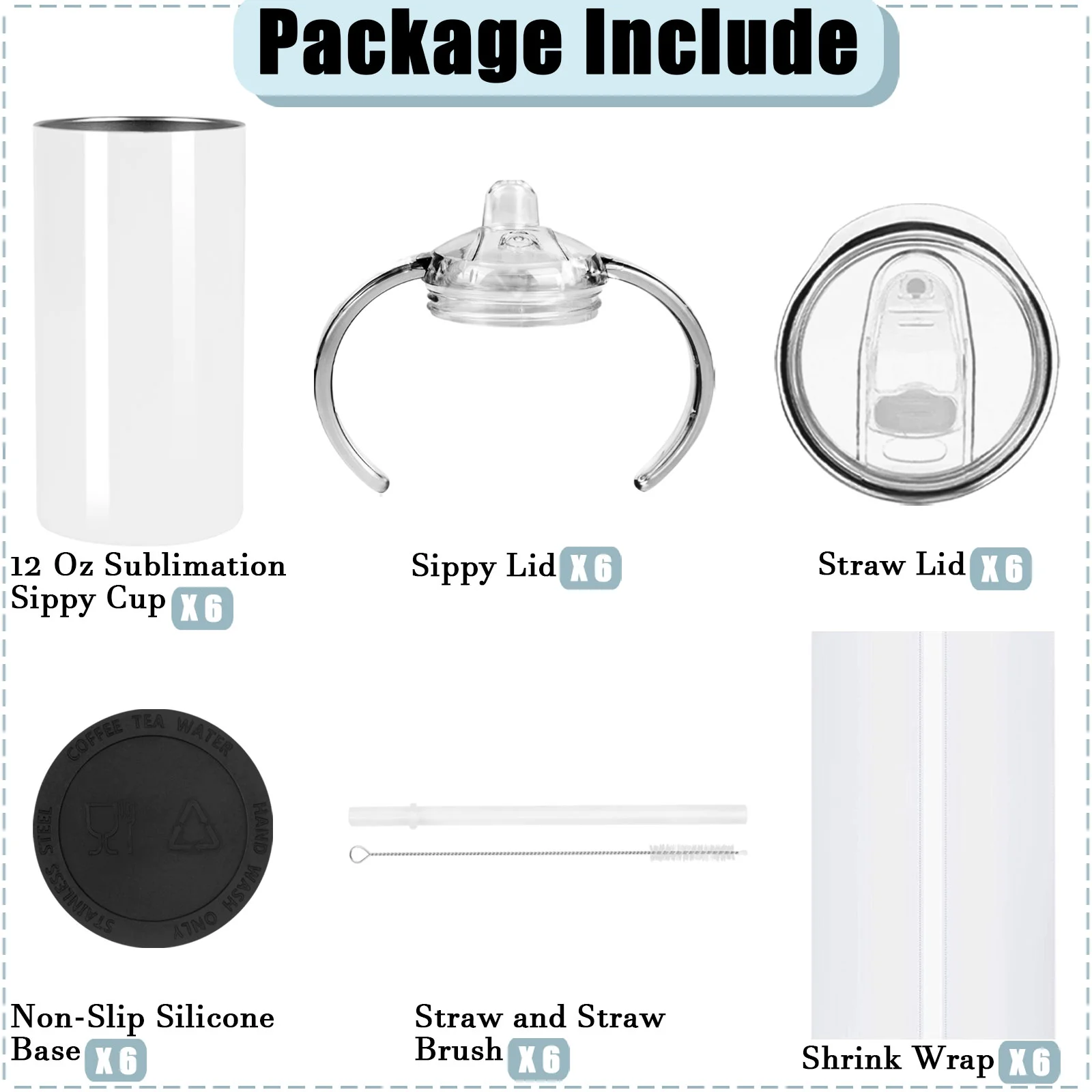 12 Oz Sublimation Sippy Cup Tumblers Blank With Handles, Stainless Steel Insulated Sublimation Kids Cup Bulk, Sublimation Toddler Water Bottle, Individually Boxed (6 Pack)