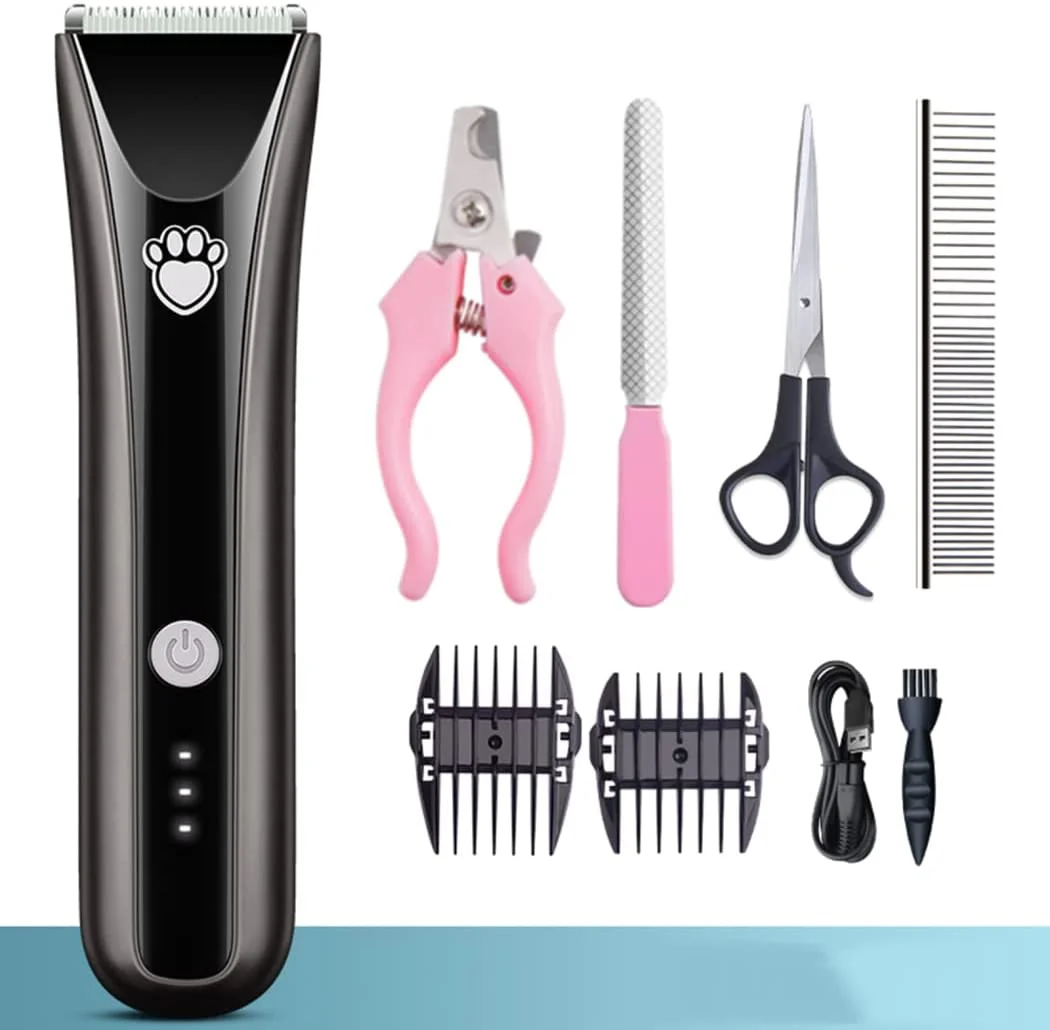 Dog Grooming Shaver Clippers, Waterproof Low Noise Pet Hair Trimmer, Rechargeable Cordless Animal Hair Clippers Tool with Combs Scissors Gray