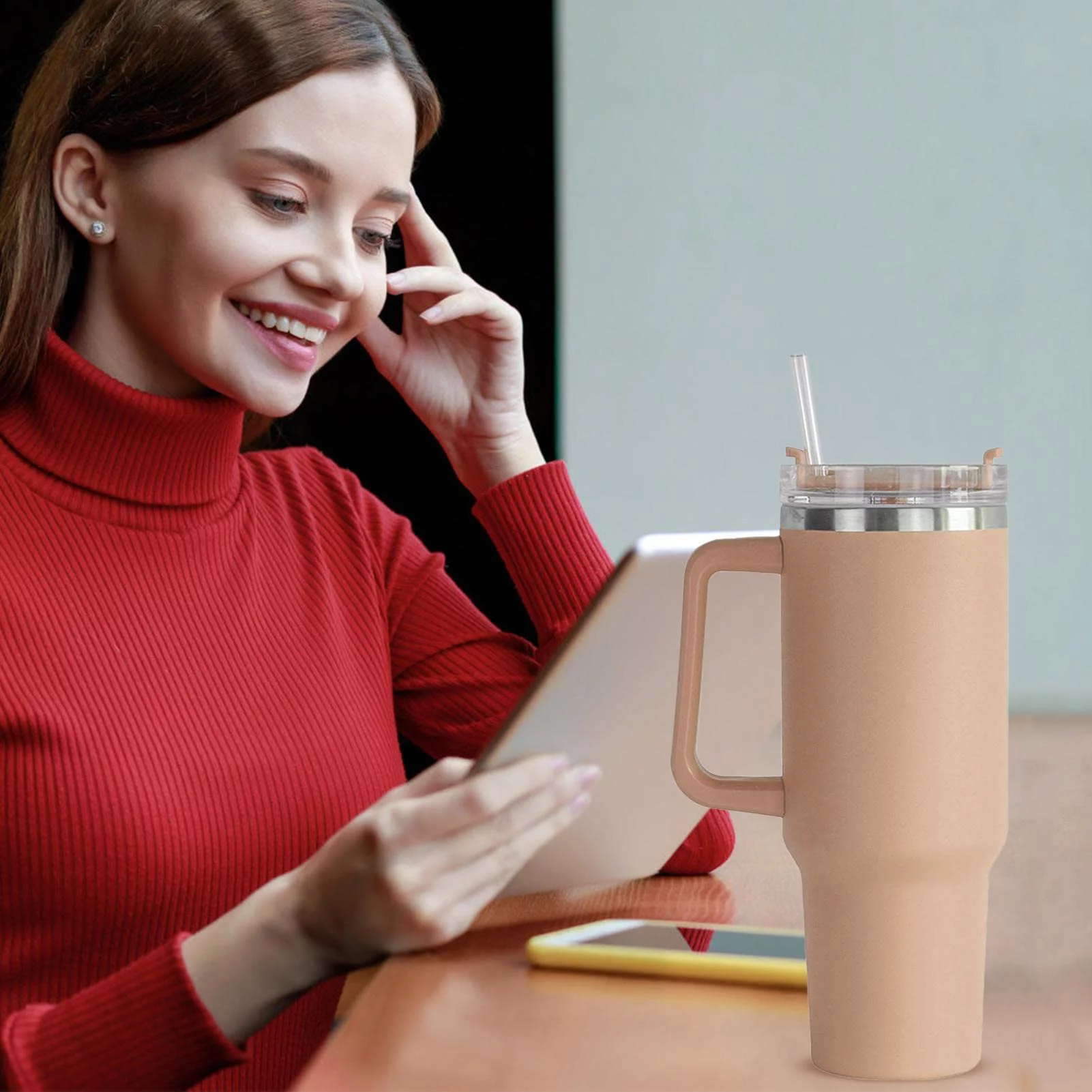 Stainless Steel Water Bottle | Stanleys Cup with Straw and Handle | Tumbler with Handle | Leak Proof Vacuum Insulated Water Bottle for Hot Iced Coffee-Camel