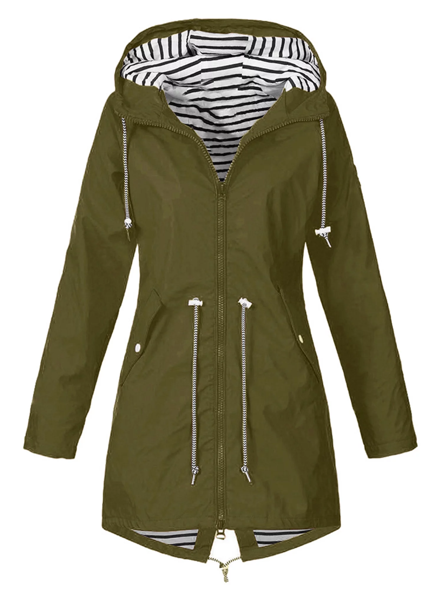 Sunisery Women Coat Hooded Raincoat Windproof Warm Drawstring Zipper Long Windbreaker