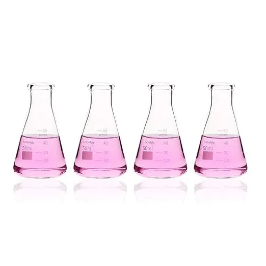 Labvida 4pcs of Narrow Mouth Glass Erlenmeyer Flasks, Vol.50ml, 3.3 Borocilicate with Printed Graduation, LVC001