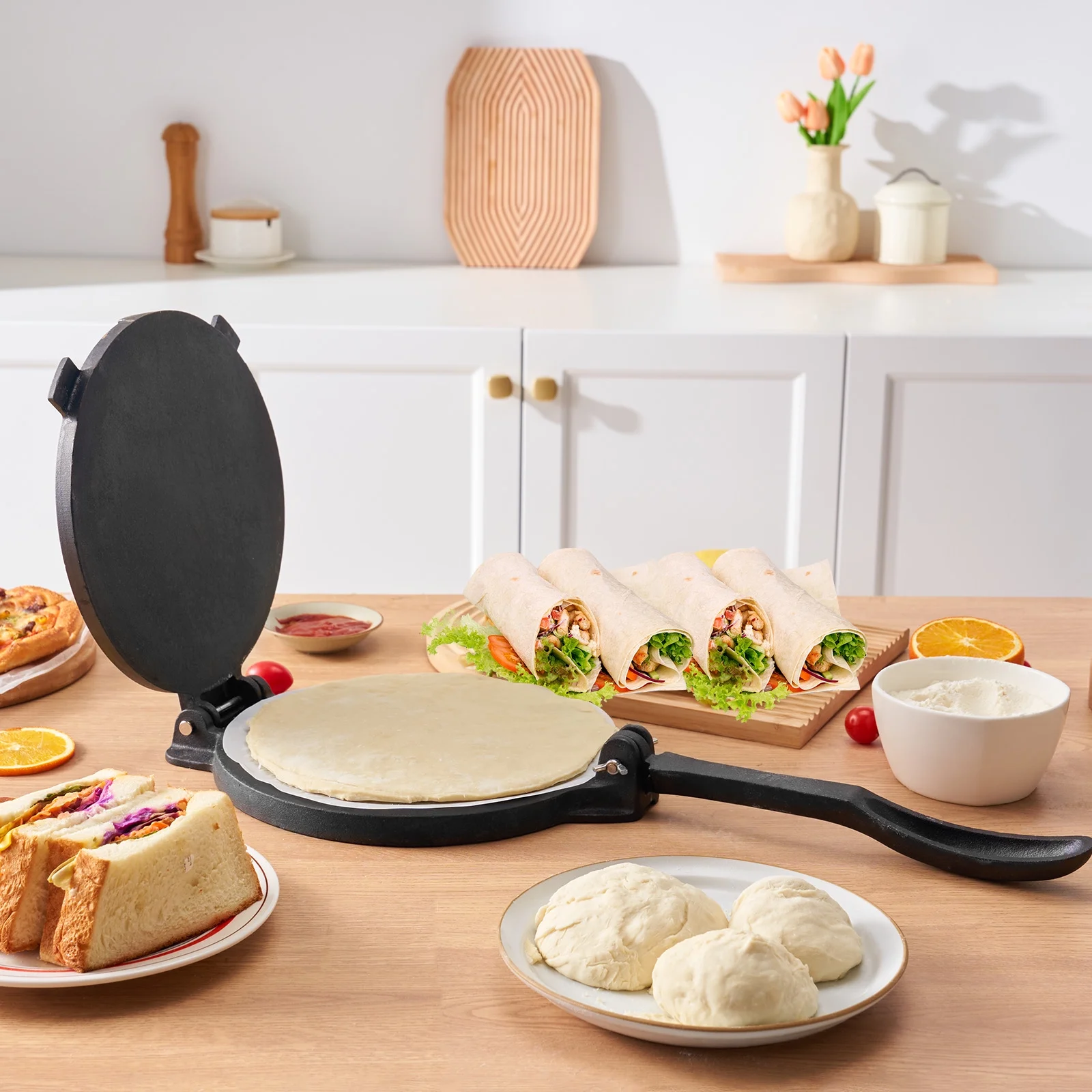 SKYSHALO 10 Inch Tortilla Press Chapati Maker Roti Dough Maker Heavy Duty Cast Iron