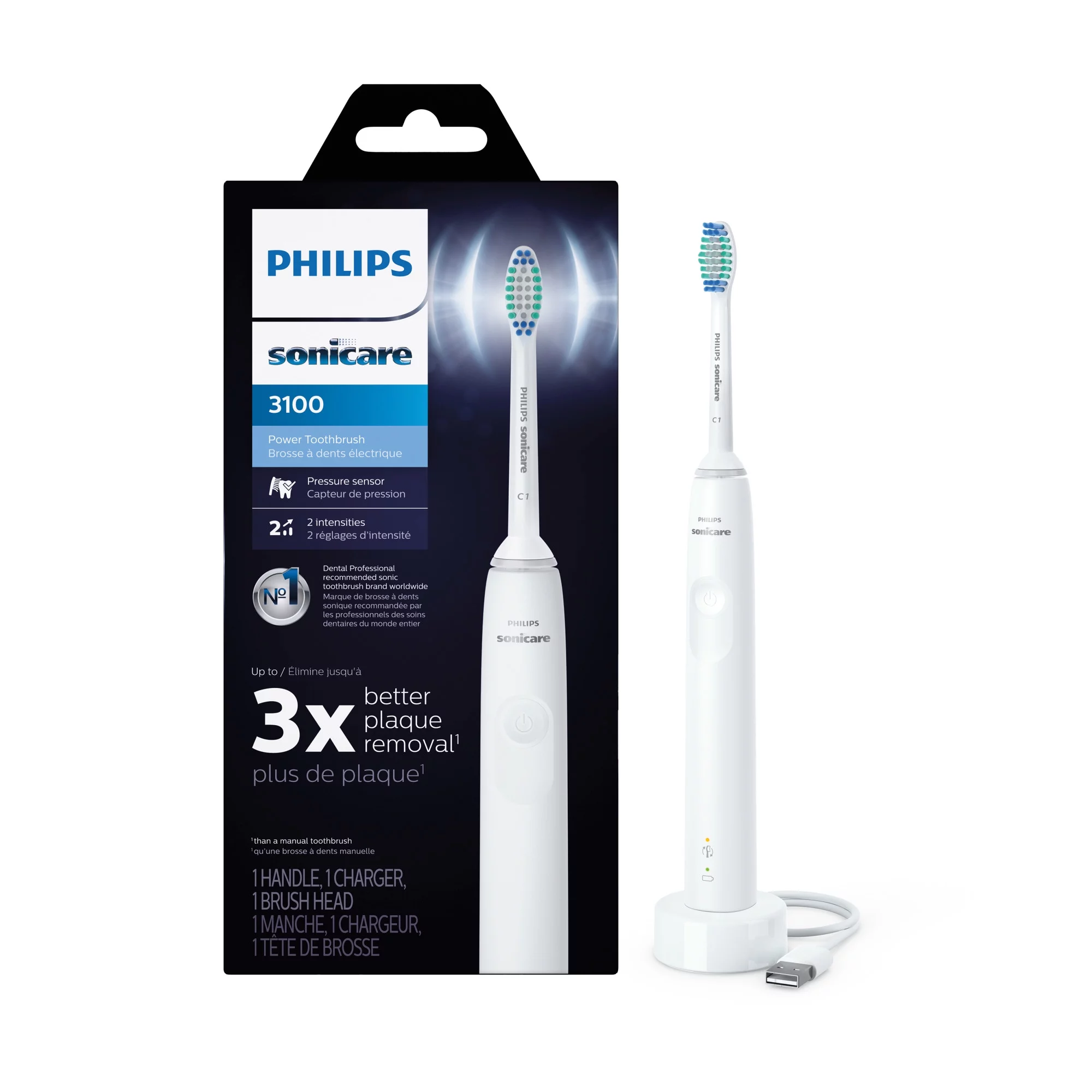Philips Sonicare 3100 Rechargeable Electric Toothbrush with Pressure Sensor, White HX3681/03