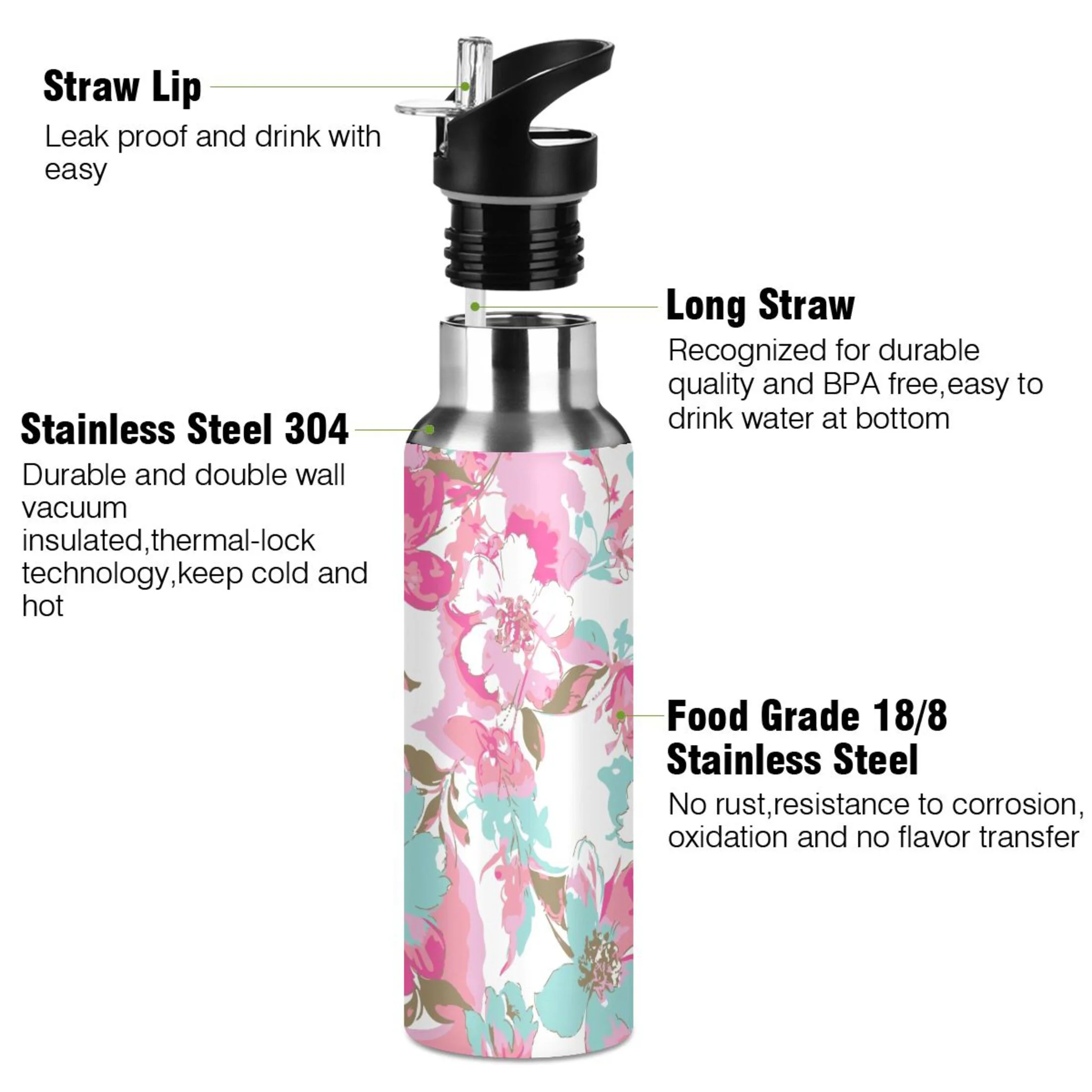 Water Bottle with Straw Lid Leak Colorful Flowers and Leaves Stainless Steel Insulated Thermos Vacuum Flask for Cold Hot Drinking for Sports Camping Gym Yoga