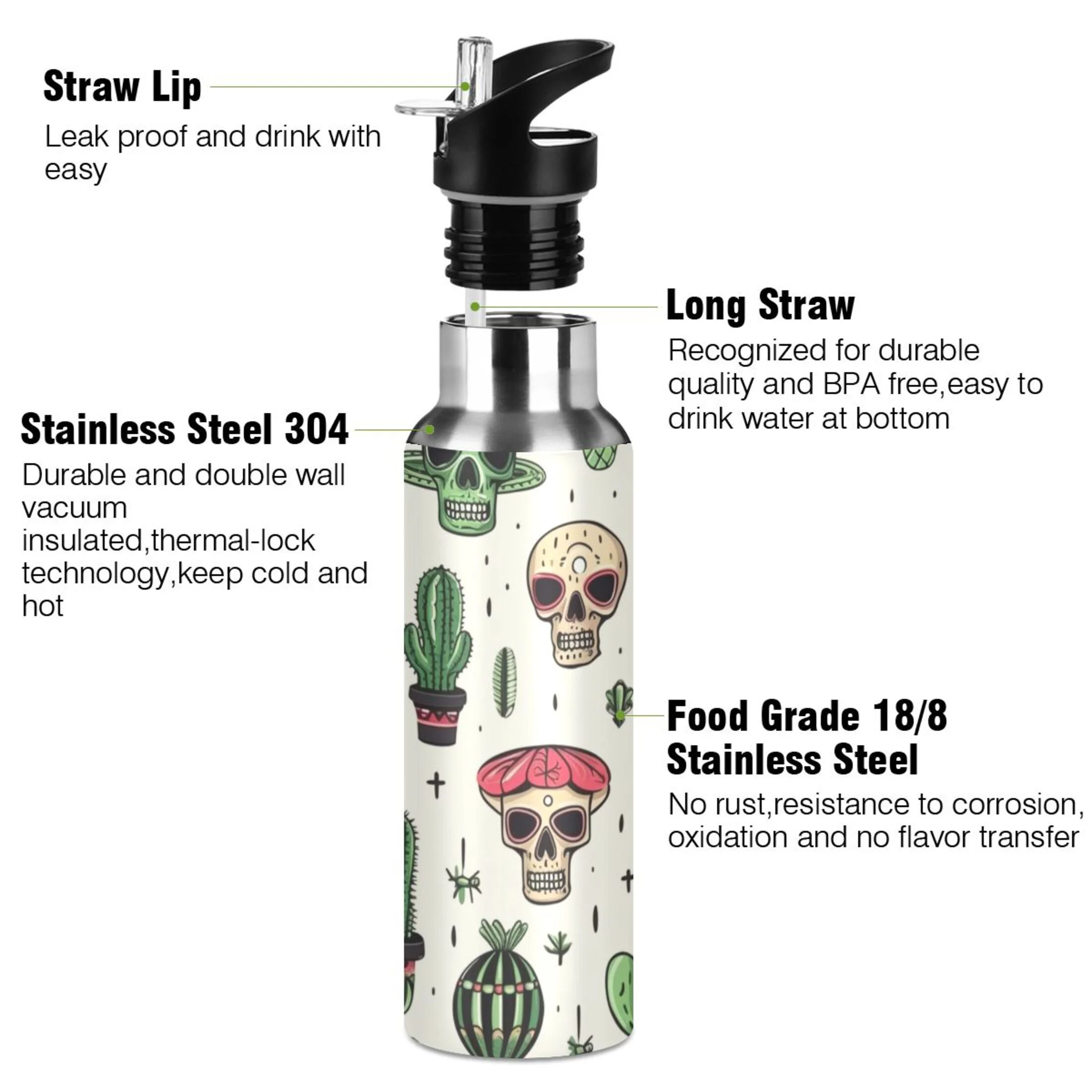 Skull Head and Cactus Water Bottles Insulated Thermos Kids Stainless Steel Bottle with Straw Lid Flask Leakproof for Sports Gym 20 oz