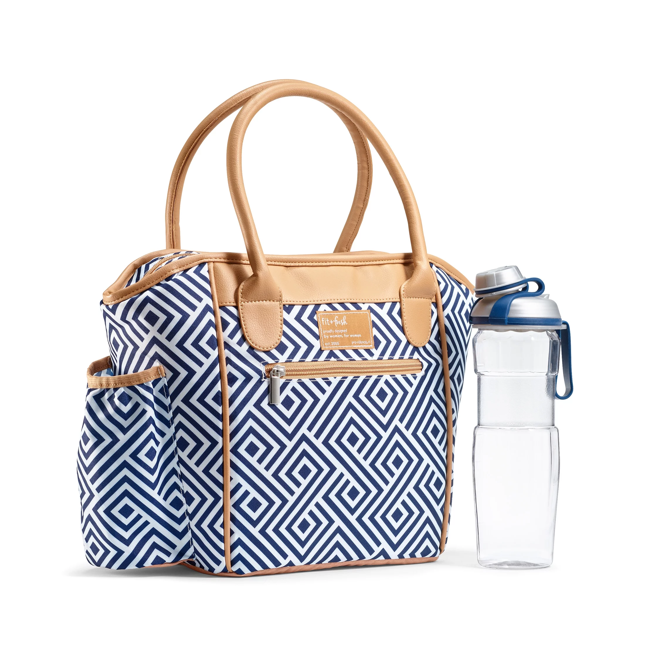 Fit + Fresh Beechwood Lunch Bag for Women, Women's Large Capacity Lunch Tote, Reusable Insulated Thermal Lunch Bag for Work, Office, Picnic or Travel, includes 20oz Water Bottle, Navy