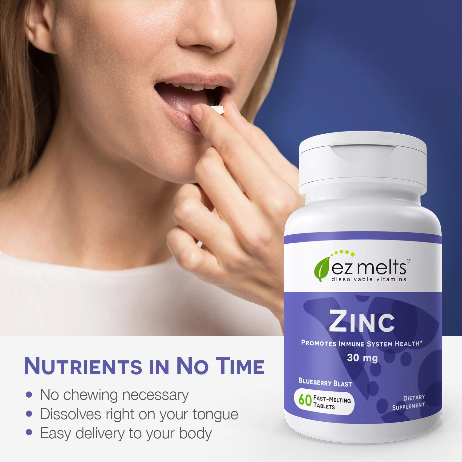 EZ Melts Zinc for Immune Support, 30 mg 60 Tablets, Blueberry Flavored, Vegan Dietary Supplements, Dissolvable and Fast Melting