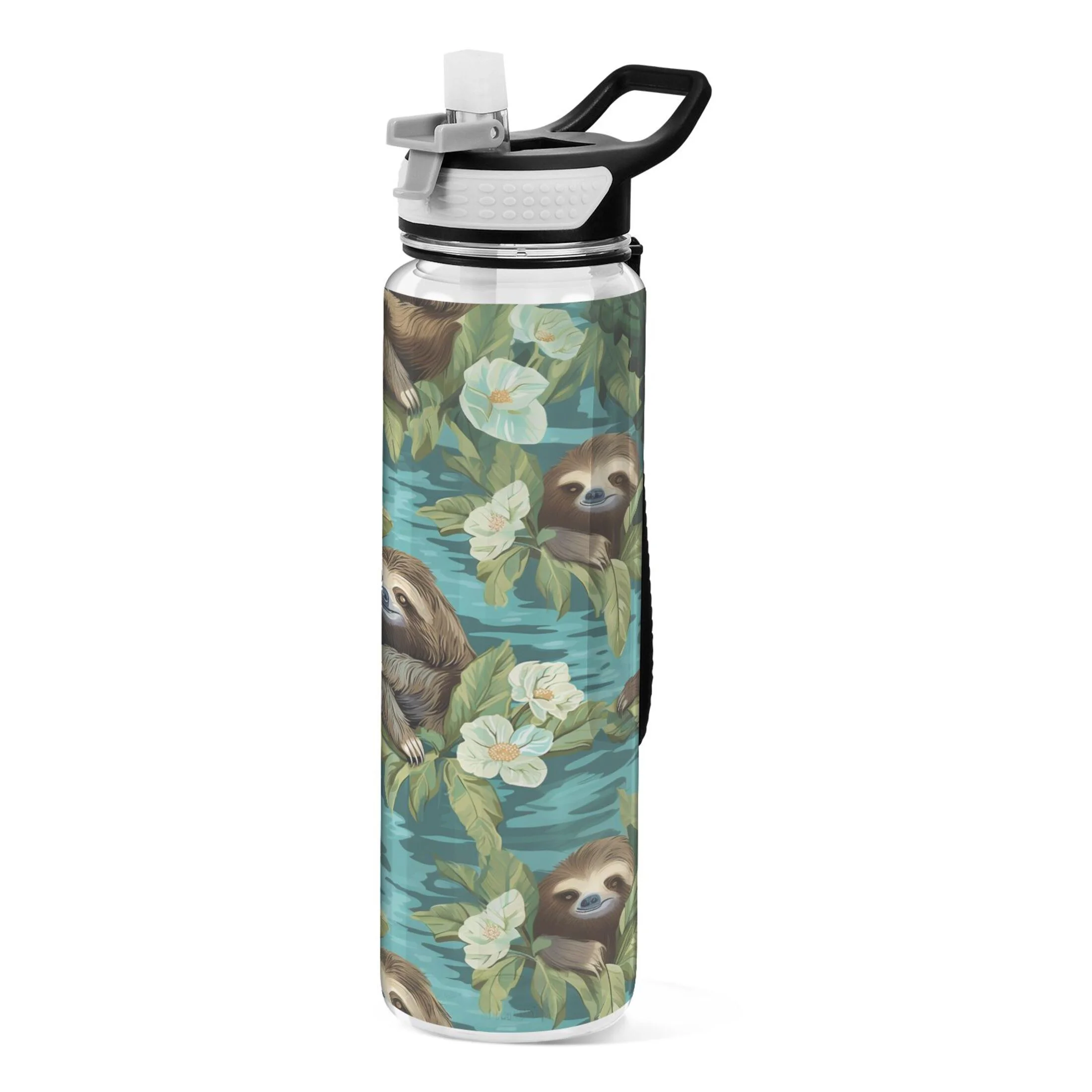 Sloth and Flowers 32oz Water Bottles with Straw Tritan Leakproof Sports Bottle BPA Free Clear for Fitness Gym Swimming Cycling