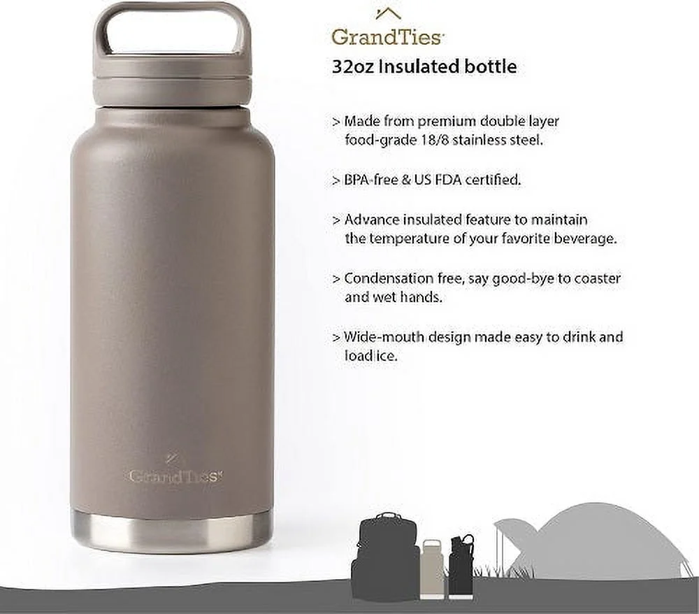 GrandTies 2 Lids Sports Stainless Steel Water Bottles &ndash; Wide Mouth Vacuum Insulated Reusable Leak Proof BPA-Free Travel Metal Canteen, Thermos Bottles for Men Women Gym