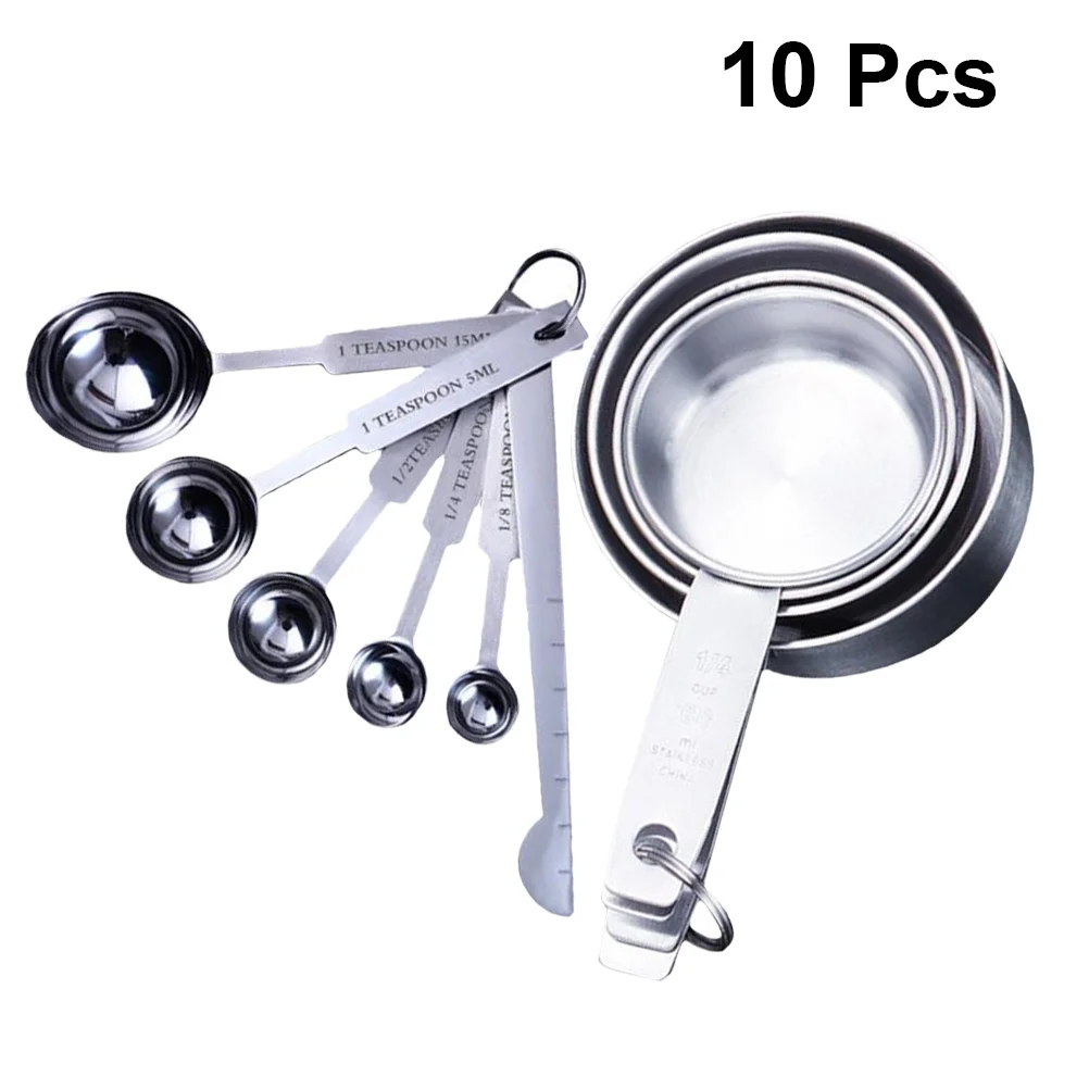 2 Set Stainless Steel Measuring Cups and Measuring Spoon Cooking Measure Spoon Cup Seasoning Spoons Coffee Tea Kitchen Accessory Silver (6pcs/set Measuring Spoons and 4pcs/set Measuring Cup)
