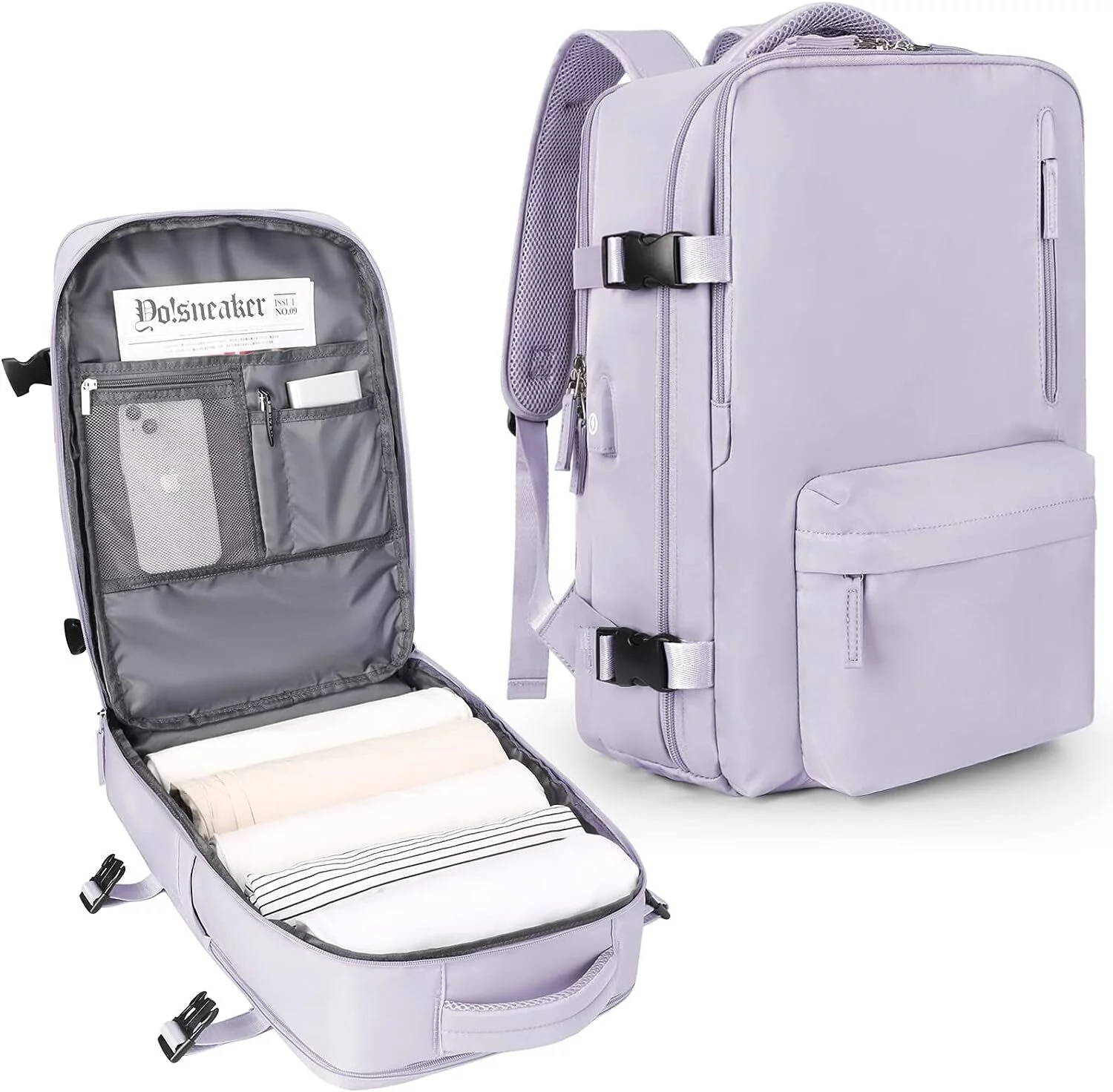 Wattne Travel Backpack for Men Women, Airline Approved Personal Bag,15.6 Inch Laptop Backpack, Carry On Backpack for Hiking Overnight with USB Charging Hole,Purple