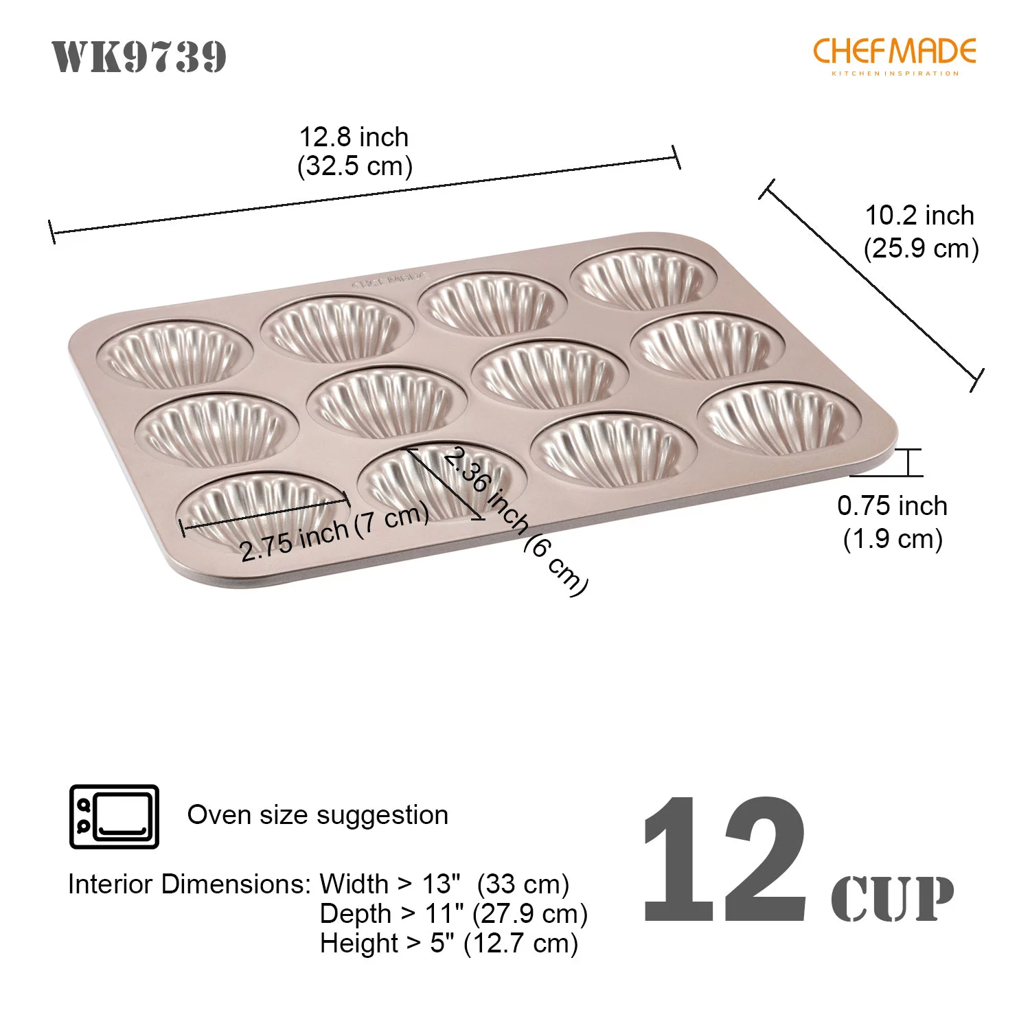 CHEFMADE Madeleine Mold Cake Pan, 12-Cavity Non-Stick Scallop Madeline Bakeware for Oven Baking (Champagne Gold)