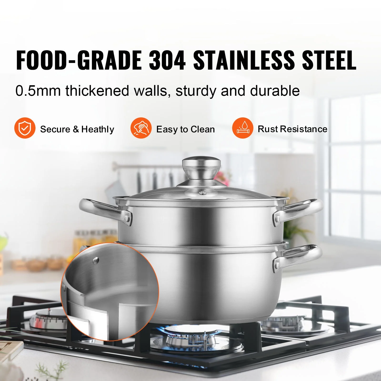 SKYSHALO Steamer Pot, 9.5in/24cm Steamer Pot for Cooking with 5QT Stock Pot and Vegetable Steamer, Food-Grade 304 Stainless Steel Food Steamer Cookware with Lid for Gas Electric Induction Grill Stove