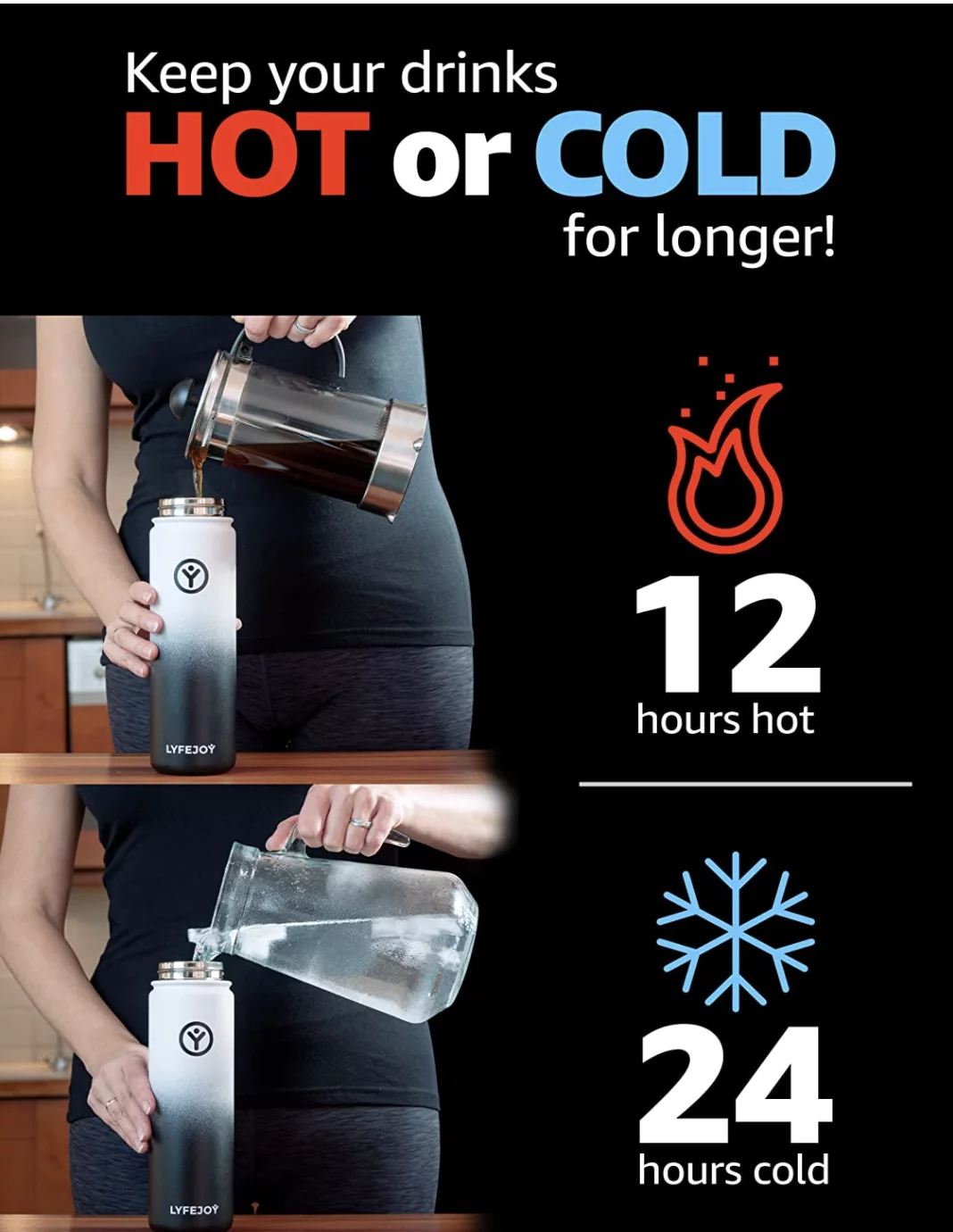 Lyfejoy Double Stainless Steel Insulated 22oz Water Bottle with Included Leak Proof Wide Mouth Lid, Straw Lid and Spout Lid - Vacuum Insulated, Dishwasher Safe, BPA-Free, Non-Toxic