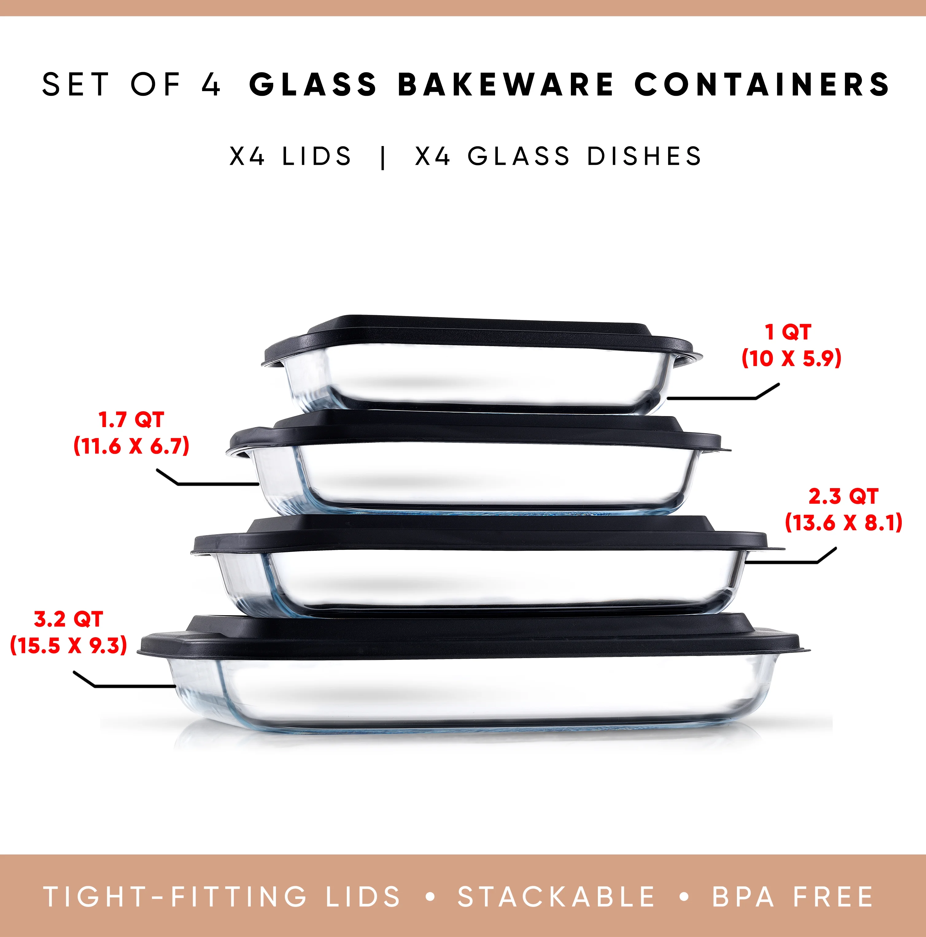 JoyJolt JoyFul 8 Piece Glass Baking Dish with Lid Set (Black) Large Glass Casserole Dishes with Covers