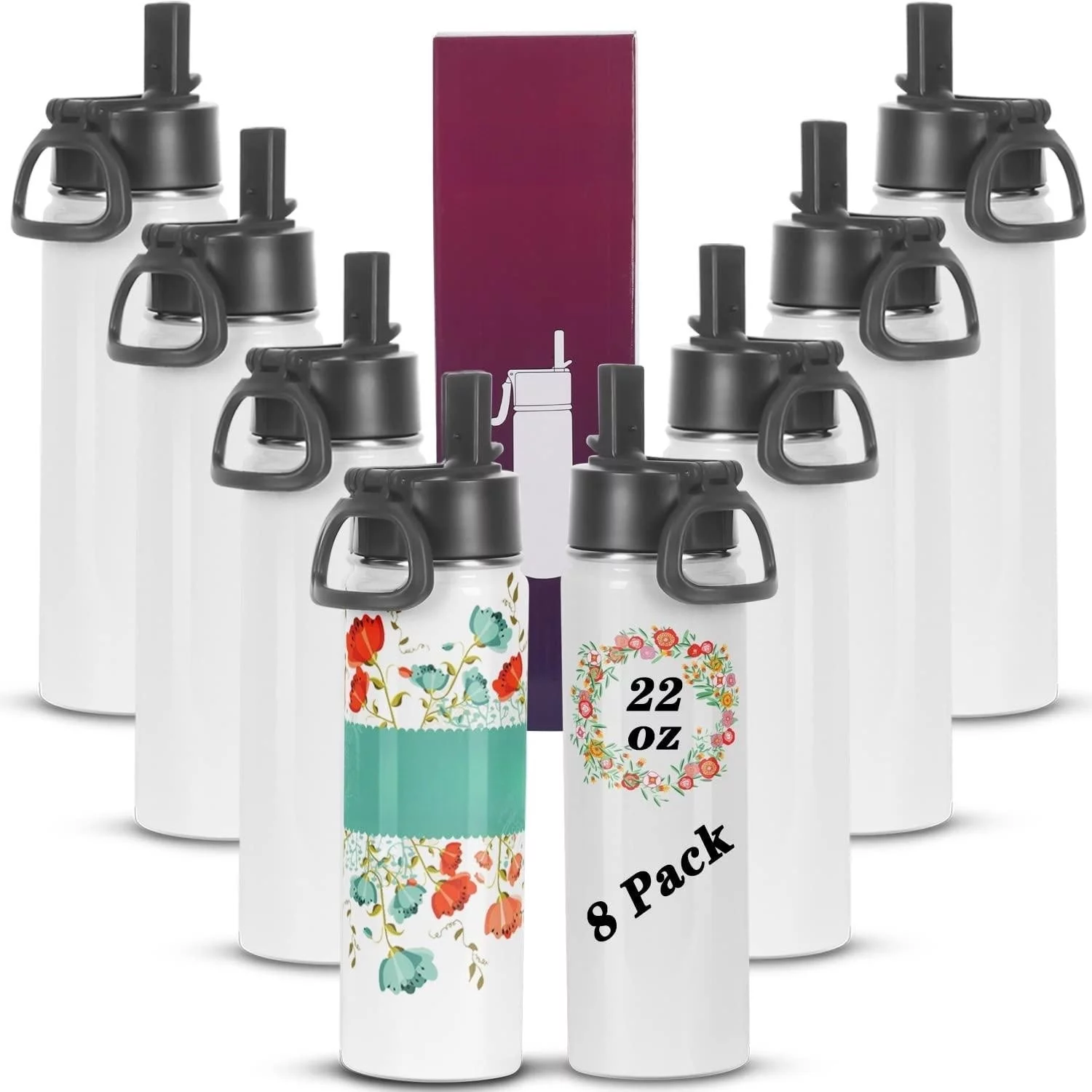 Sublimation Sports Water Bottle blanks, 22 Oz Sublimation Tumblers, Double Wall Stainless Steel Sports Water Bottle Flask with Portable Handle, Individually Boxed (8 Pack)