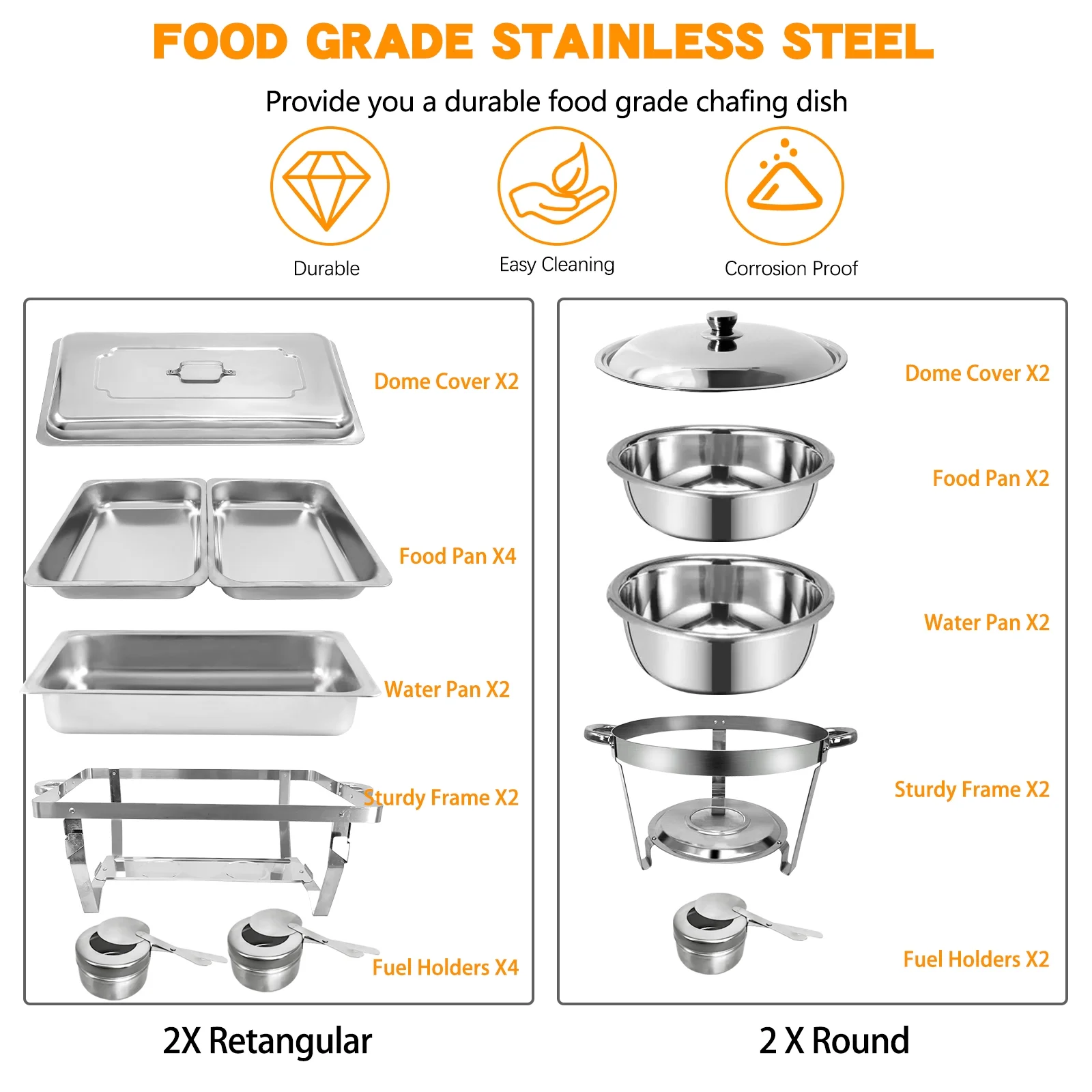 JSTUOKE 4 Pack Chafing Dish Buffet Set With Cover Stainless Steel 2 Round Chafing Dish + 2 Rectangular Chafers with 2 Pans(8QT) Catering Food Warmers for Parties Buffet