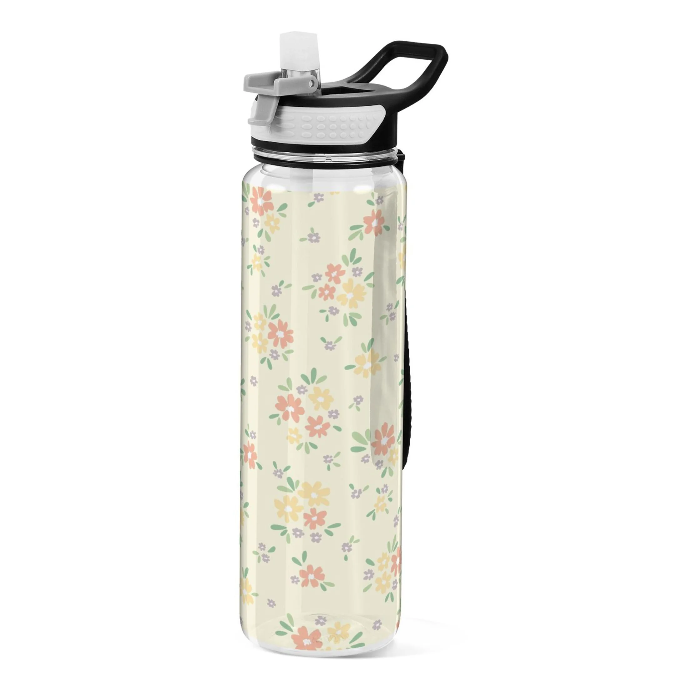 Floral on Yellow 32oz Water Bottles with Straw Tritan Leakproof Sports Bottle BPA Free Clear for Fitness Gym Swimming Cycling
