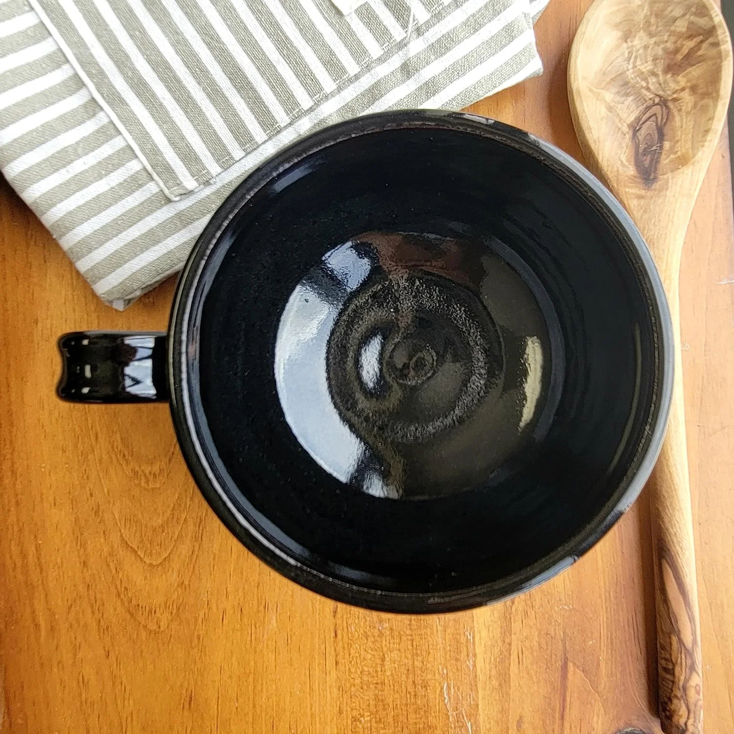 Farmhouse Soup Bowls With Handles Set Of 2 Deep Large - Hanging Kitchen Chowder Mugs - Handmade Pottery Decor (Green W/Black)