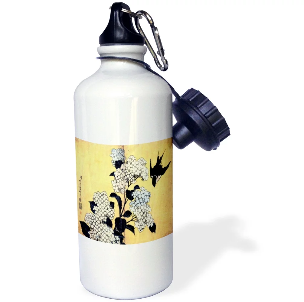 3dRose Image of Hokusai Woodcut Hydrangea And Bird - Water Bottle, 21-ounce
