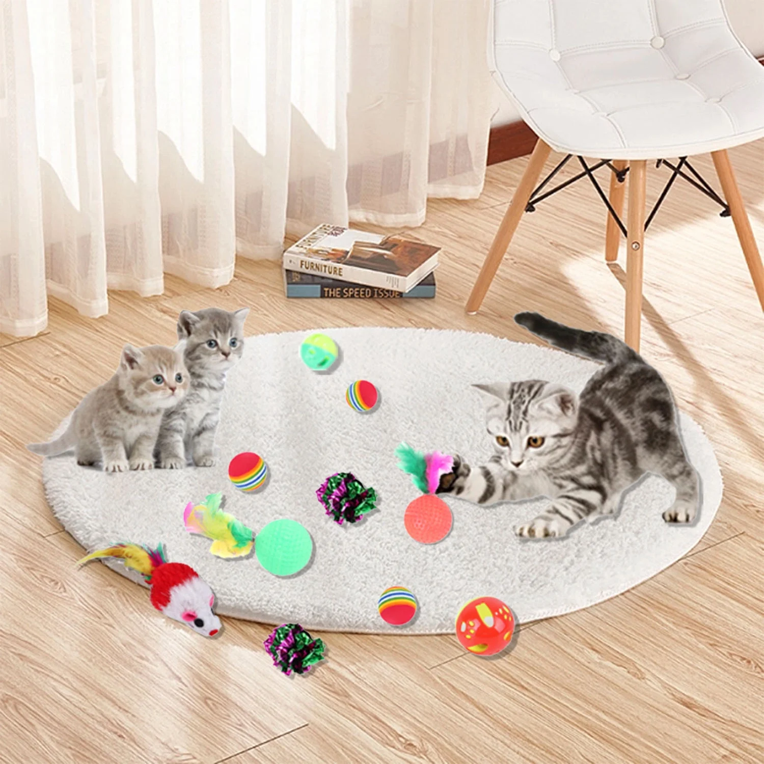 Petimi Cat Toys, Cat Tunnel Toy Set, 18 Pcs of Interactive Fun with Three-Hole Tunnel, Interactive Feather Toy, Cat Springs, Jingle Balls and Fluffy Mouse