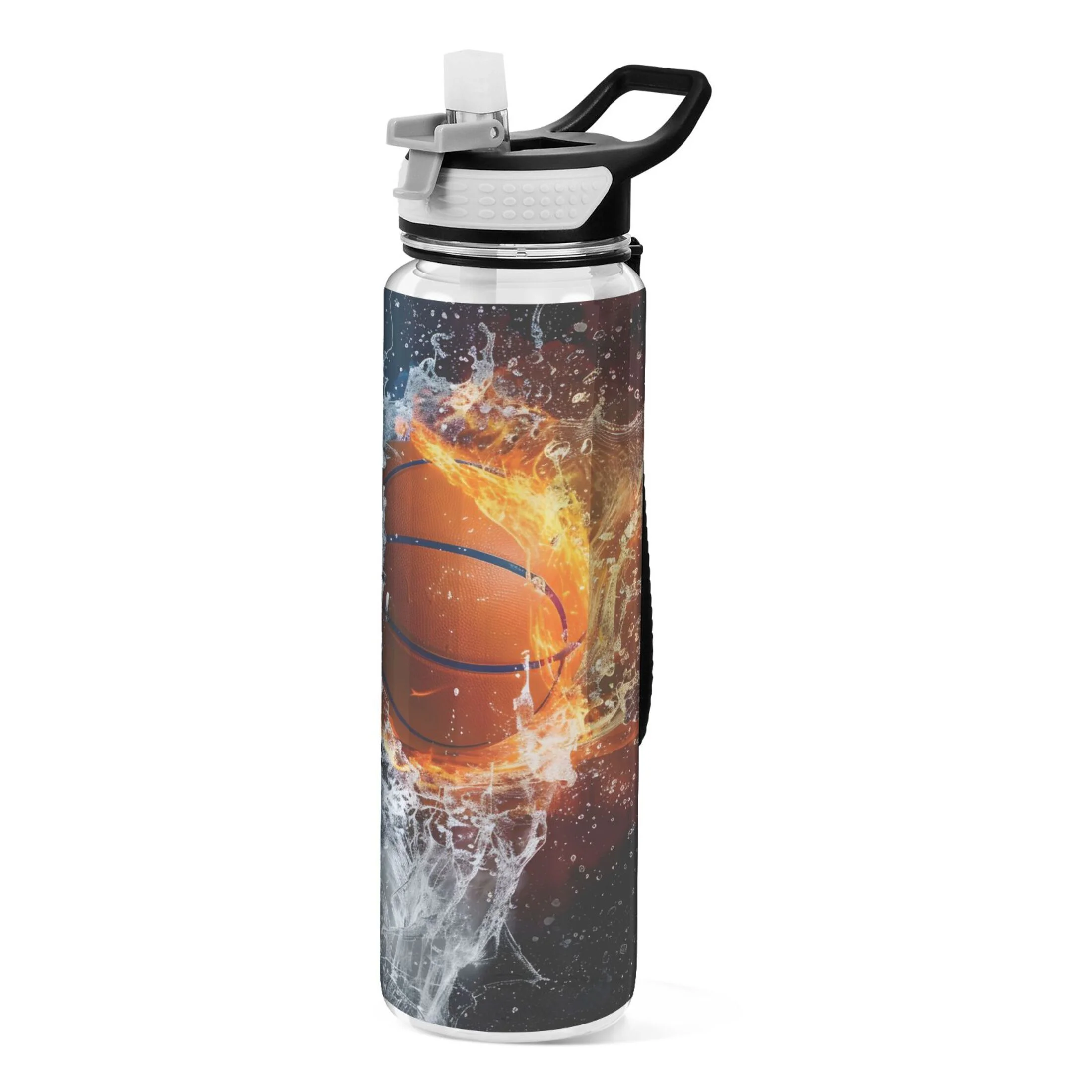 Basketball with Fire Water 32oz Sports Water Bottles Leakproof Tritan Bottle with Straw BPA Free Clear Bottle for Fitness Gym Outdoor Cycling